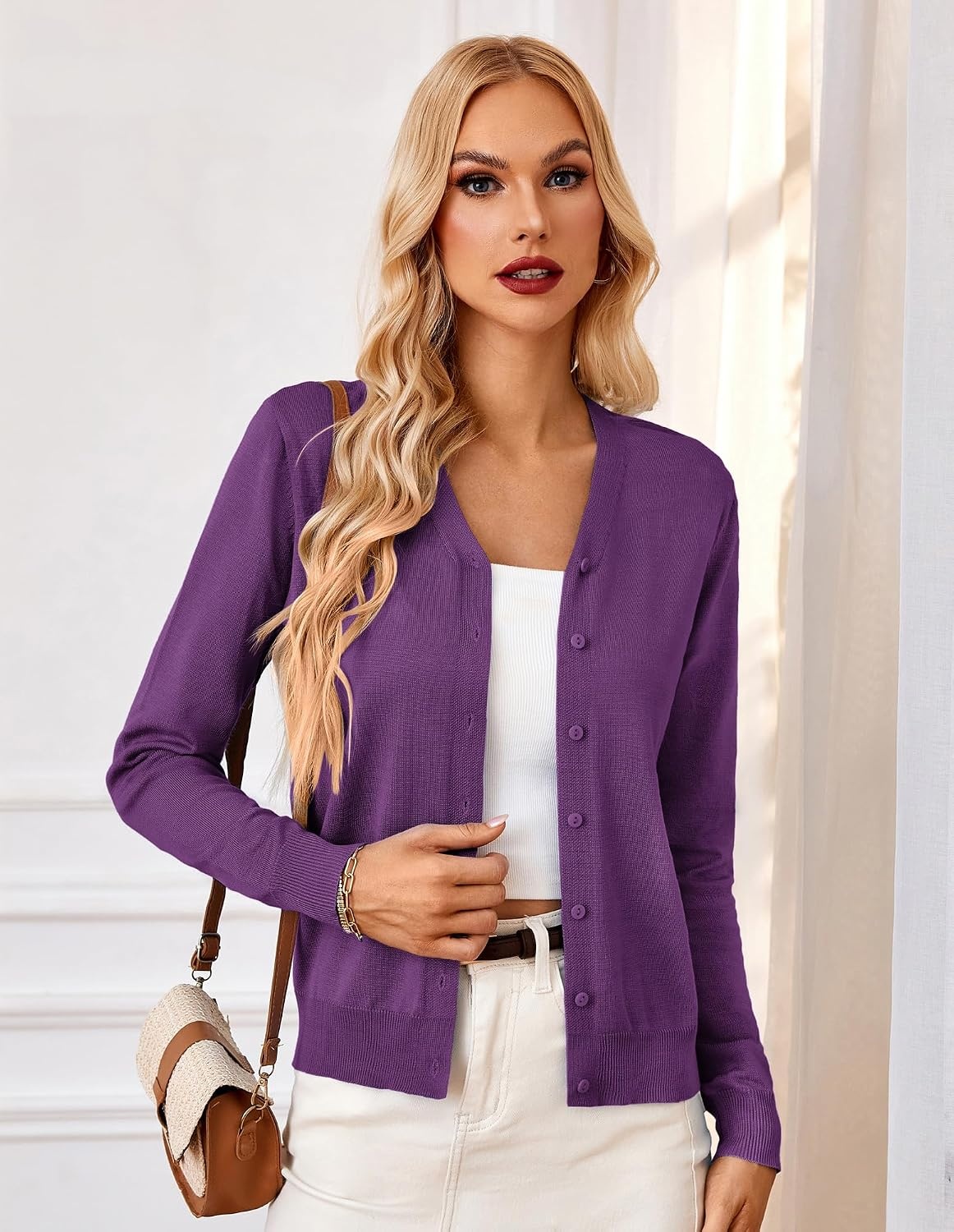 image:imageGRACE KARIN Cardigan Sweater for Women V Neck Lightweight Knit Fall Outfits Button Up Sweaters Long Sleeve Basic Soft Clothes Business Casual Fashion Tops for Work DailyPurple