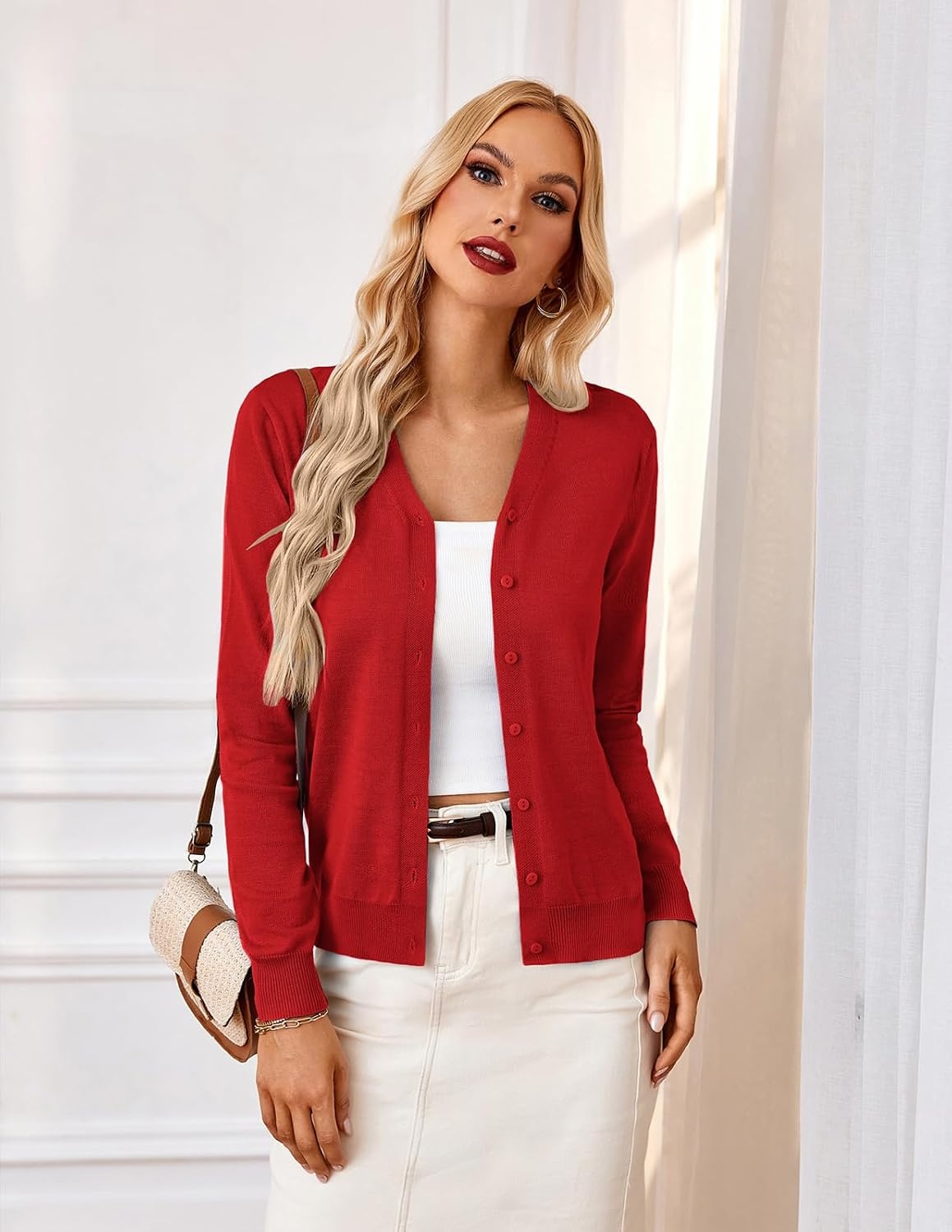 image:imageGRACE KARIN Cardigan Sweater for Women V Neck Lightweight Knit Fall Outfits Button Up Sweaters Long Sleeve Basic Soft Clothes Business Casual Fashion Tops for Work DailyClassic Red
