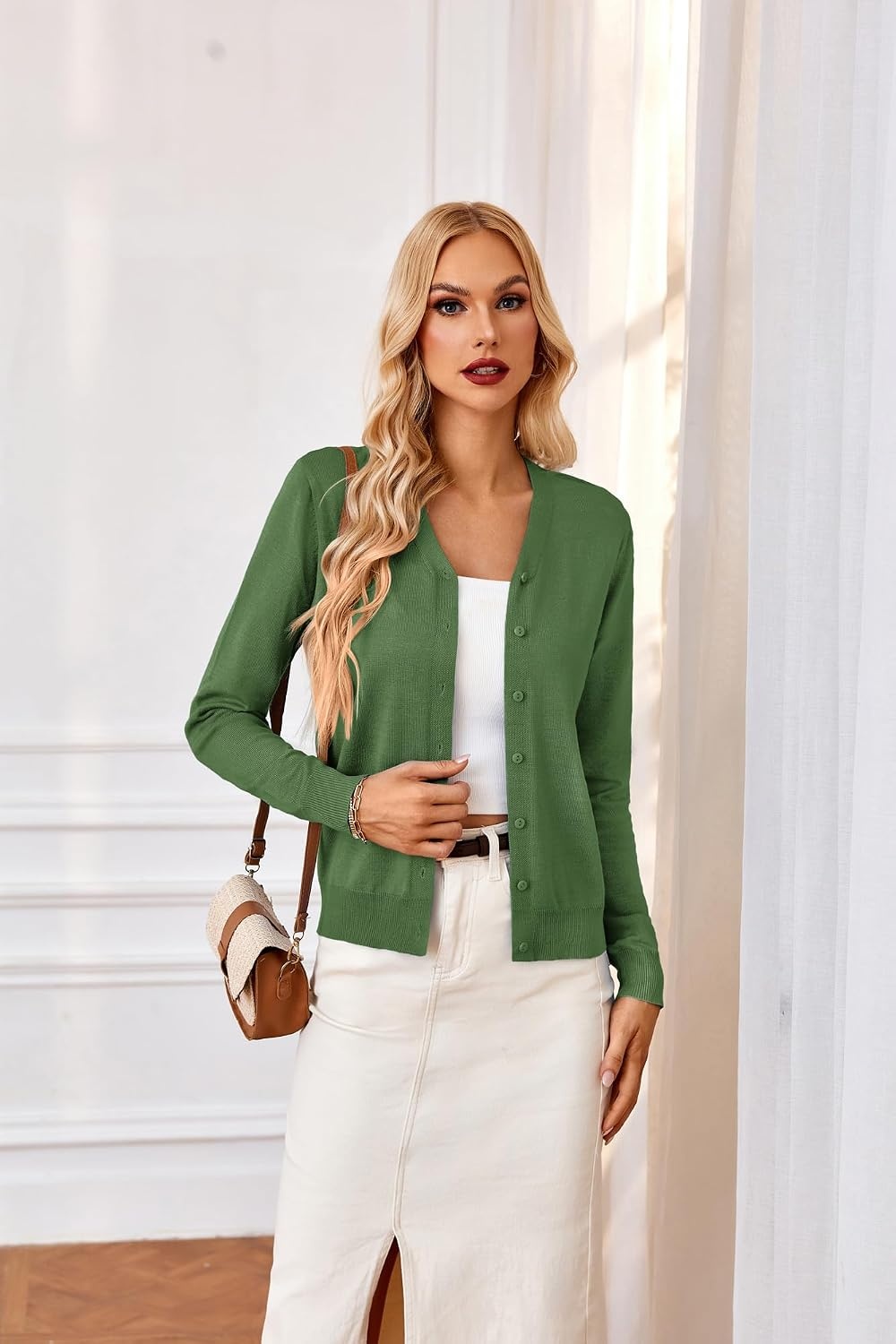 image:imageGRACE KARIN Cardigan Sweater for Women V Neck Lightweight Knit Fall Outfits Button Up Sweaters Long Sleeve Basic Soft Clothes Business Casual Fashion Tops for Work DailyMedium Green