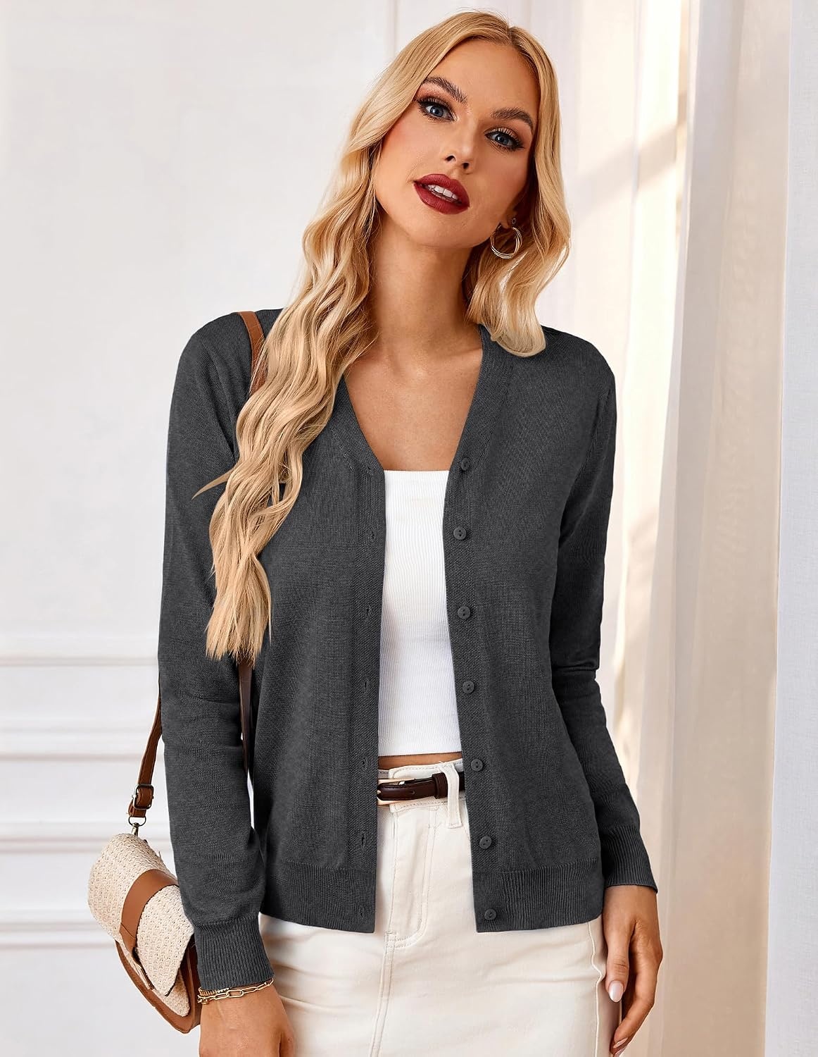 image:imageGRACE KARIN Cardigan Sweater for Women V Neck Lightweight Knit Fall Outfits Button Up Sweaters Long Sleeve Basic Soft Clothes Business Casual Fashion Tops for Work DailyBlack Grey