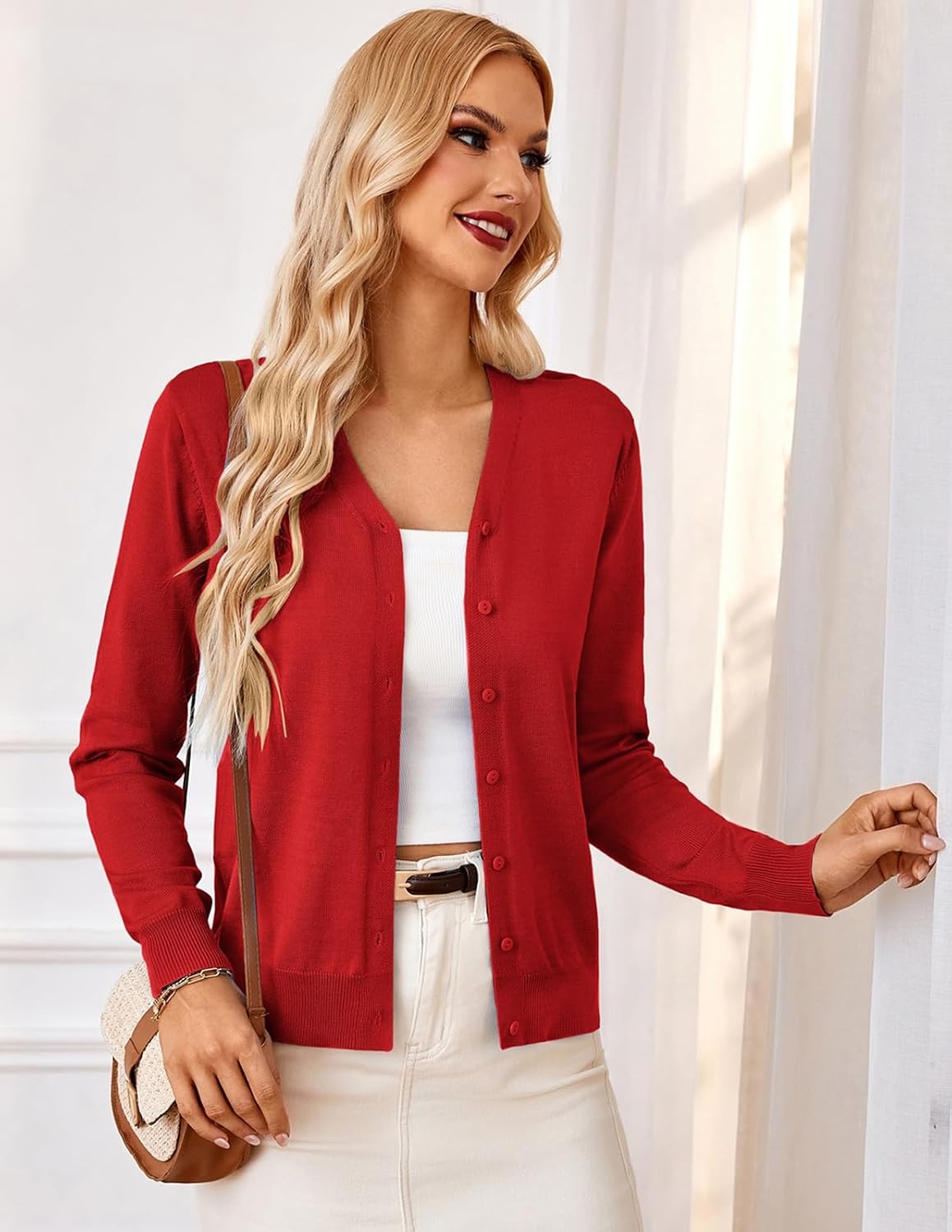 image:imageGRACE KARIN Cardigan Sweater for Women V Neck Lightweight Knit Fall Outfits Button Up Sweaters Long Sleeve Basic Soft Clothes Business Casual Fashion Tops for Work DailyClassic Red