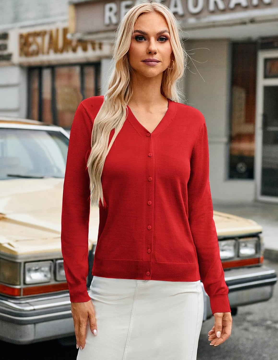 image:imageGRACE KARIN Cardigan Sweater for Women V Neck Lightweight Knit Fall Outfits Button Up Sweaters Long Sleeve Basic Soft Clothes Business Casual Fashion Tops for Work DailyClassic Red