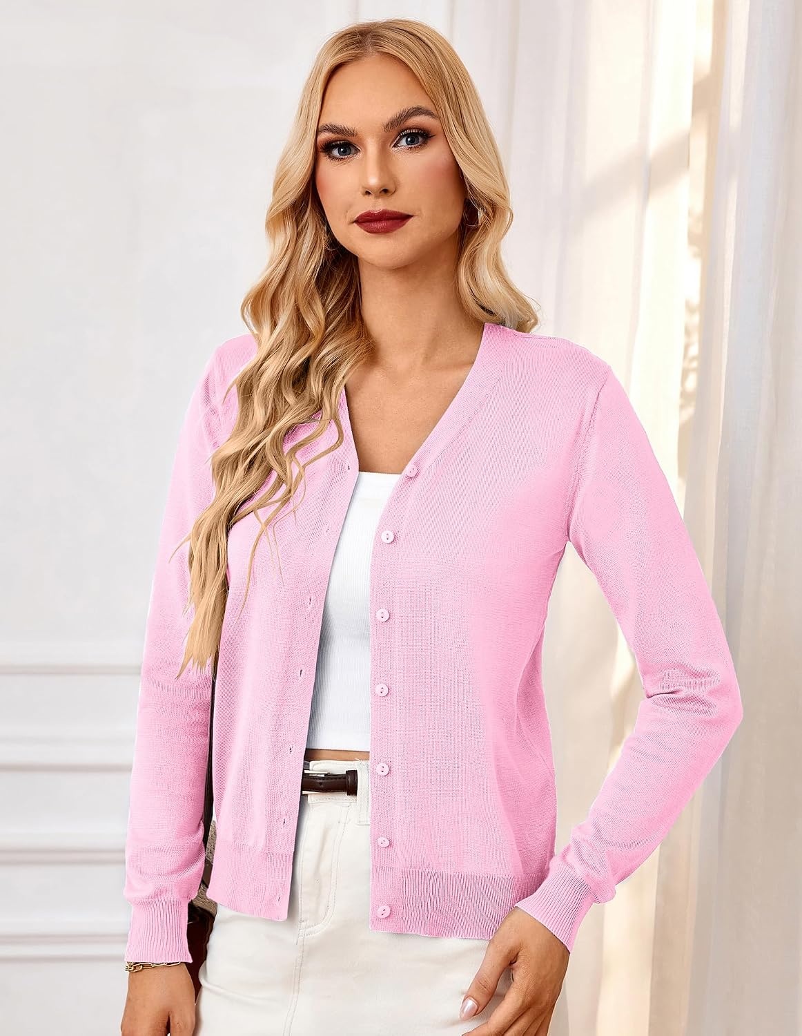 image:imageGRACE KARIN Cardigan Sweater for Women V Neck Lightweight Knit Fall Outfits Button Up Sweaters Long Sleeve Basic Soft Clothes Business Casual Fashion Tops for Work DailyPink