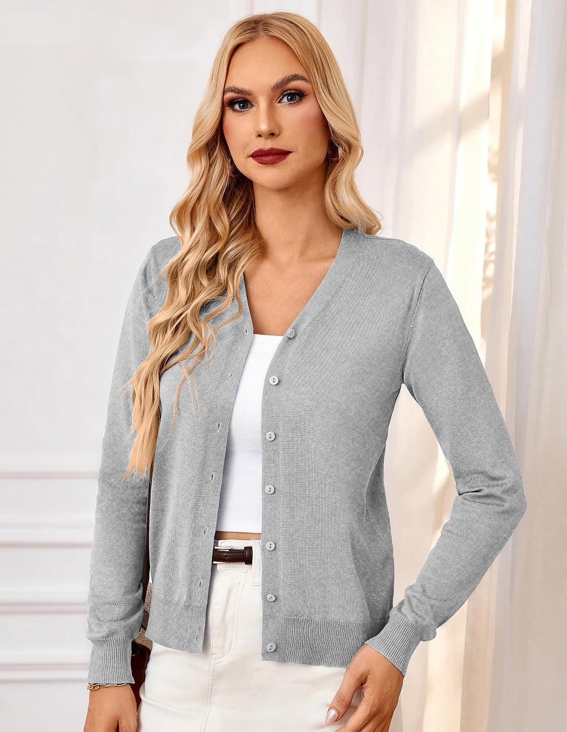 image:imageGRACE KARIN Cardigan Sweater for Women V Neck Lightweight Knit Fall Outfits Button Up Sweaters Long Sleeve Basic Soft Clothes Business Casual Fashion Tops for Work DailyLight Grey