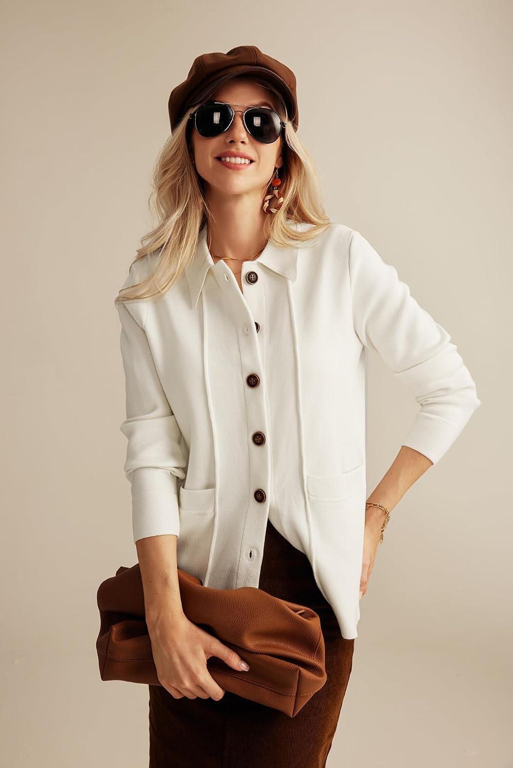 image:imageGRACE KARIN Cardigan Sweaters for Women Casual Knit Tops Button upOpen FrontLong Sleevewith PocketsLapel CollarWarmBusiness CasualIvory