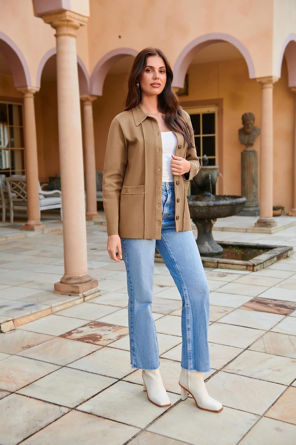 image:imageGRACE KARIN Cardigan Sweaters for Women Casual Knit Tops Button upOpen FrontLong Sleevewith PocketsLapel CollarWarmBusiness CasualKhaki