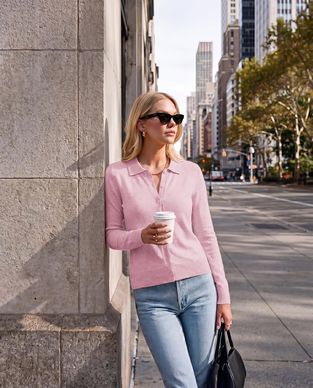 image:imageGRACE KARIN Cardigan Sweaters for Women Lightweight Long Sleeve Cardigans Lapel Collar Button Down Knit TopsFall Outfits For WomenCropped Cardigan For WomenBusiness Casual SweaterLight Pink