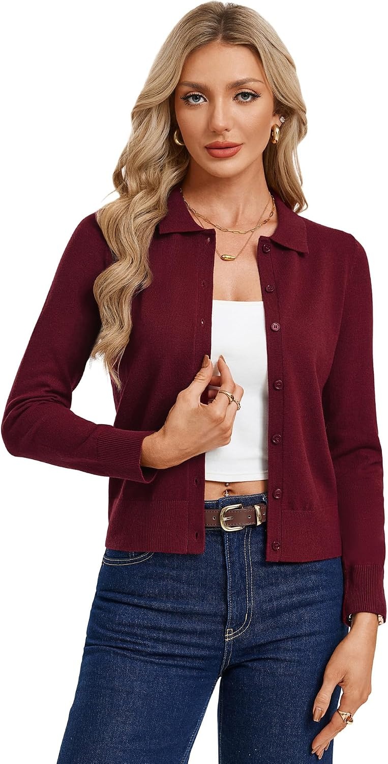 image:imageGRACE KARIN Cardigan Sweaters for Women Lightweight Long Sleeve Cardigans Lapel Collar Button Down Knit TopsFall Outfits For WomenCropped Cardigan For WomenBusiness Casual SweaterBurgundy