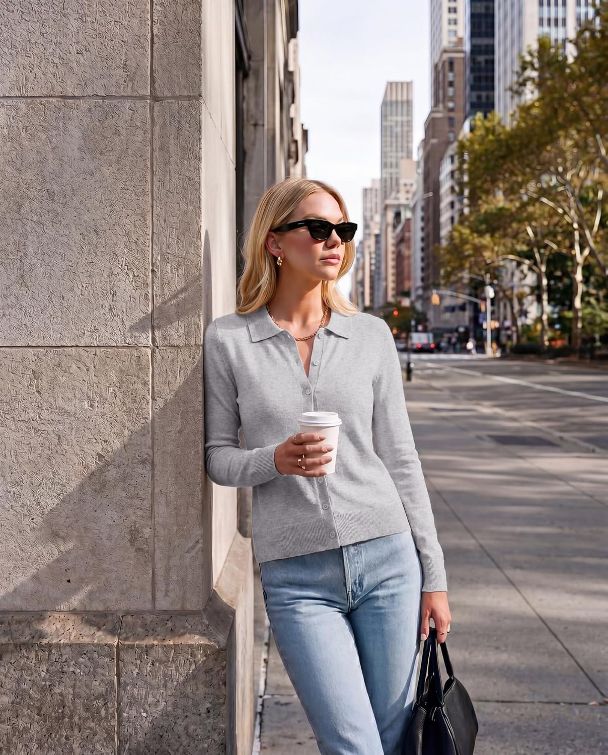 image:imageGRACE KARIN Cardigan Sweaters for Women Lightweight Long Sleeve Cardigans Lapel Collar Button Down Knit TopsFall Outfits For WomenCropped Cardigan For WomenBusiness Casual SweaterGrey