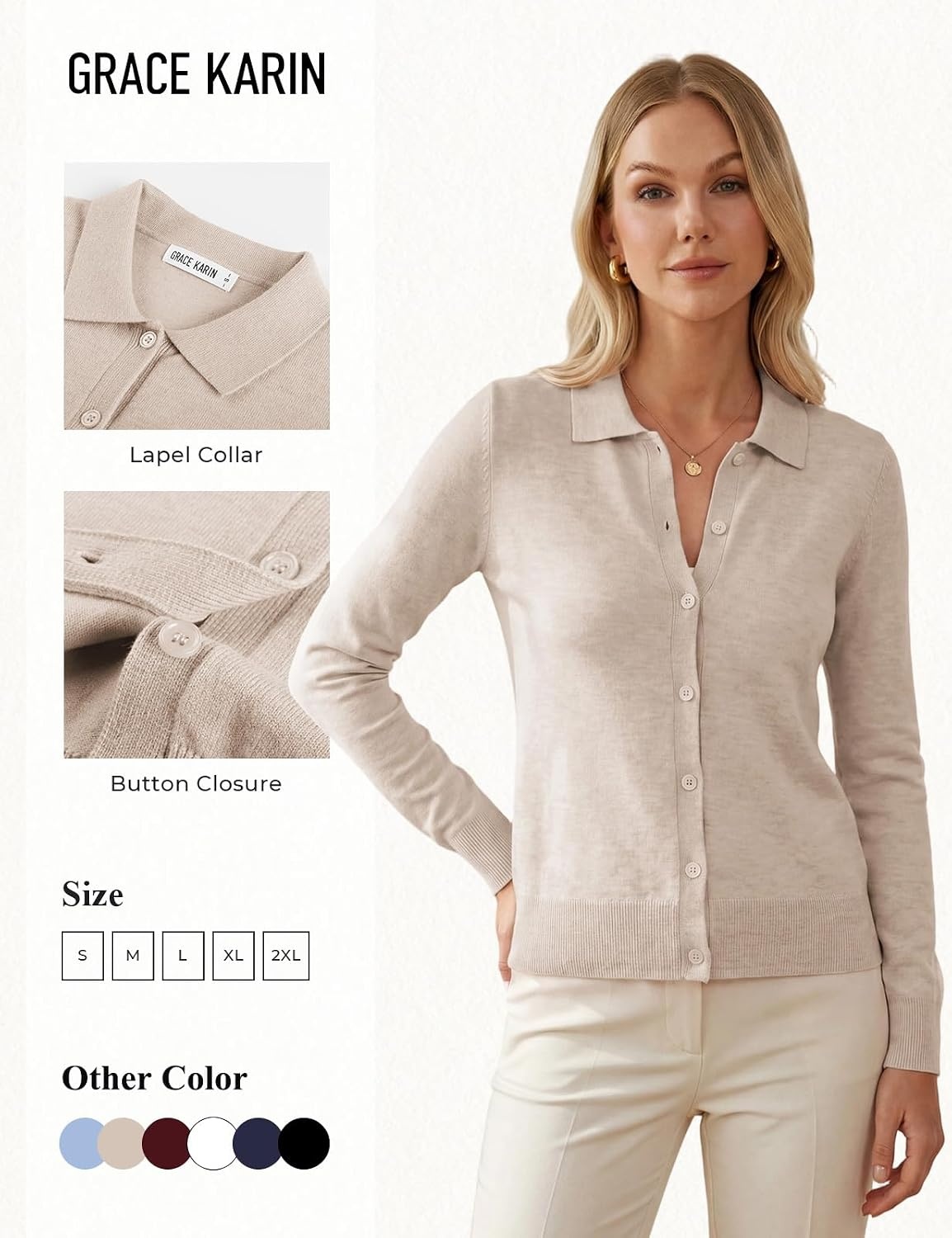 image:imageGRACE KARIN Cardigan Sweaters for Women Lightweight Long Sleeve Cardigans Lapel Collar Button Down Knit TopsFall Outfits For WomenCropped Cardigan For WomenBusiness Casual SweaterBeige