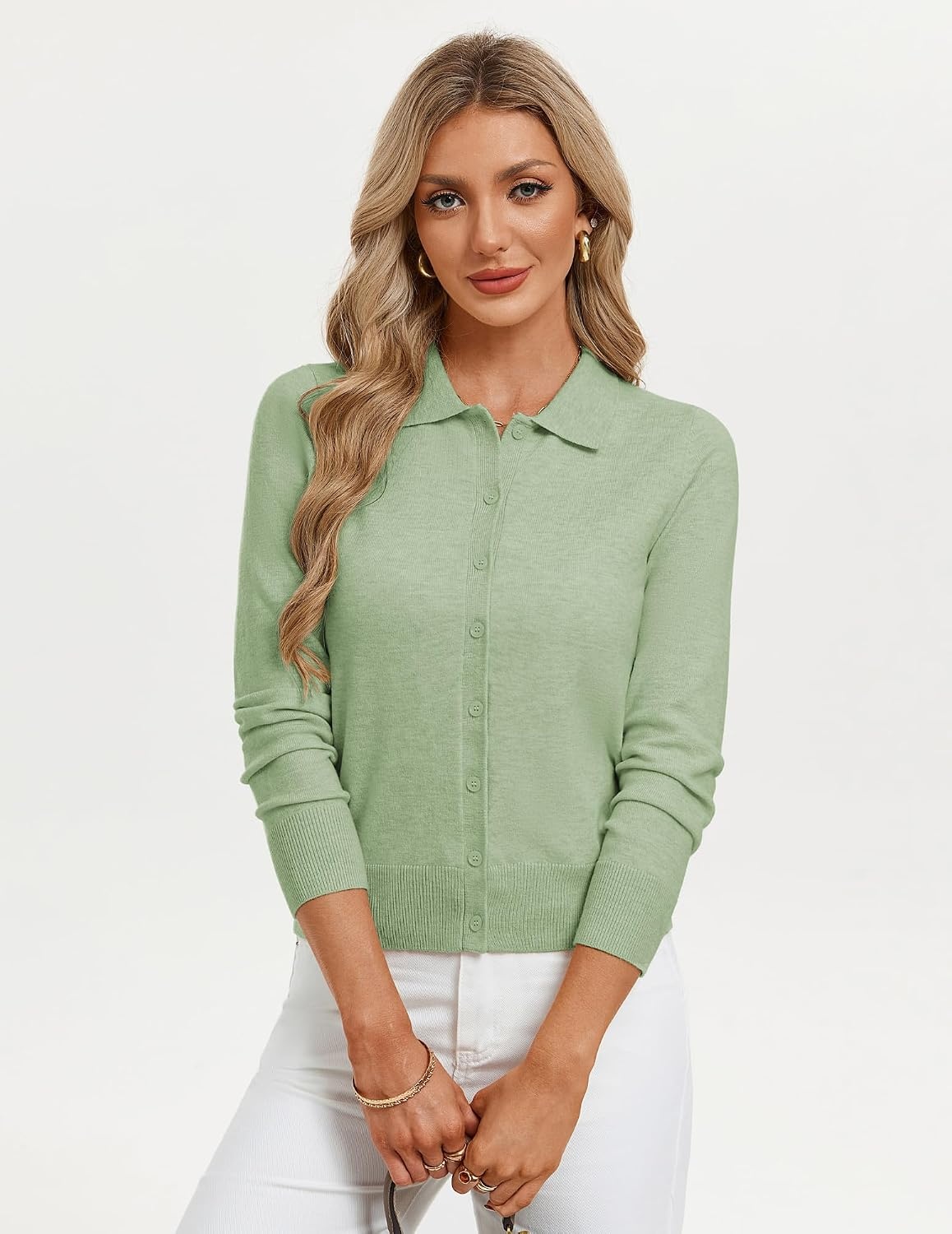 image:imageGRACE KARIN Cardigan Sweaters for Women Lightweight Long Sleeve Cardigans Lapel Collar Button Down Knit TopsFall Outfits For WomenCropped Cardigan For WomenBusiness Casual SweaterClover Green