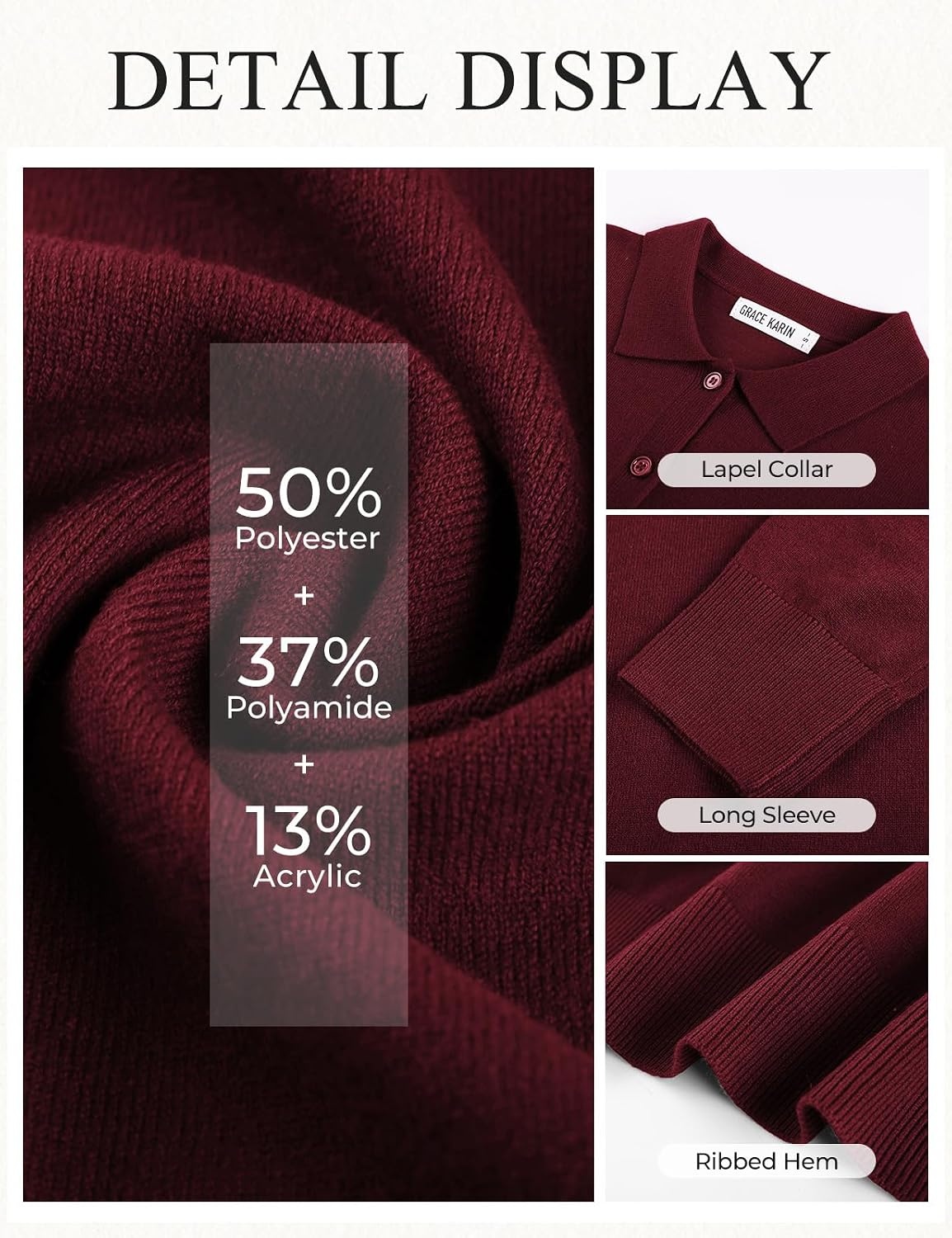 image:imageGRACE KARIN Cardigan Sweaters for Women Lightweight Long Sleeve Cardigans Lapel Collar Button Down Knit TopsFall Outfits For WomenCropped Cardigan For WomenBusiness Casual SweaterBurgundy