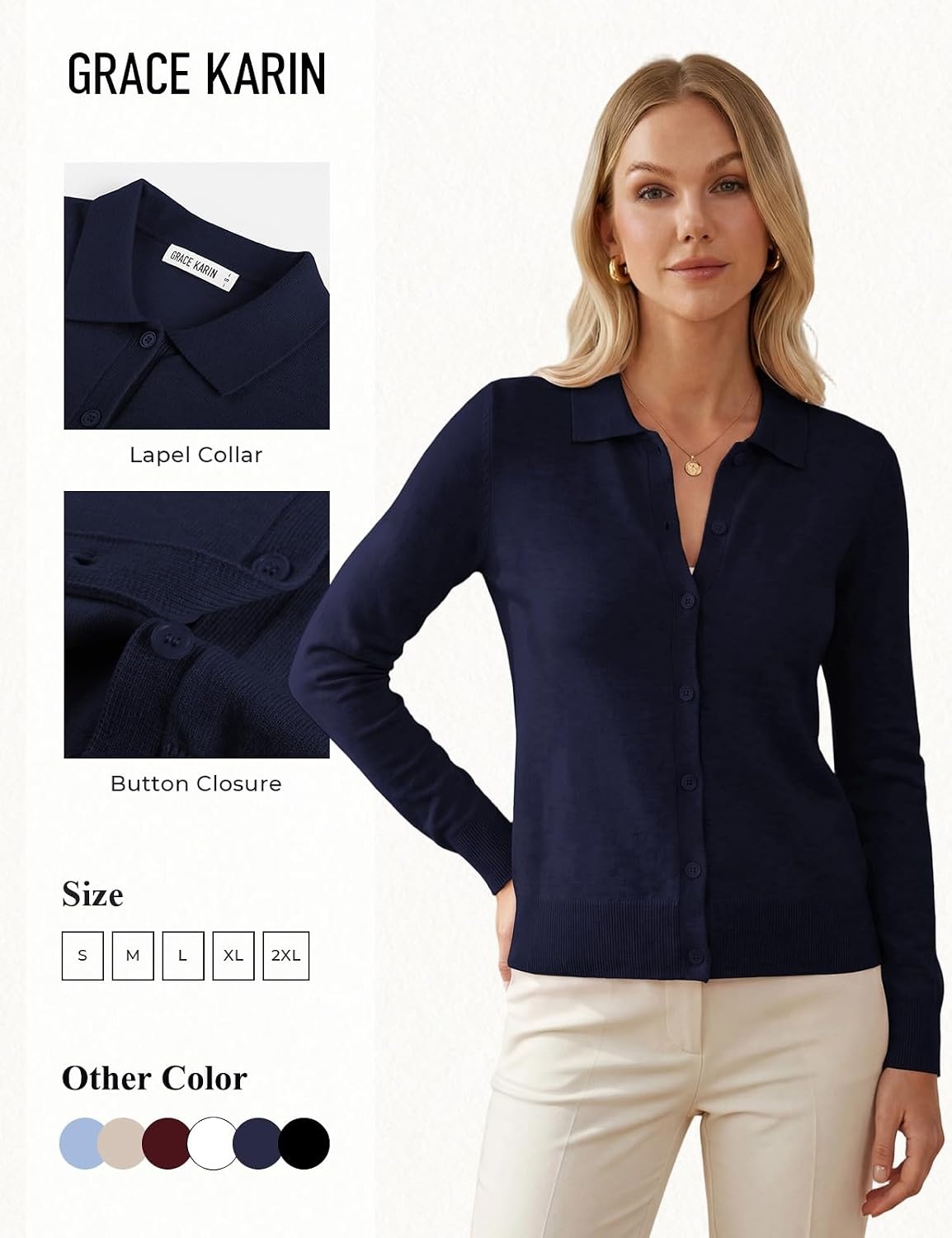 image:imageGRACE KARIN Cardigan Sweaters for Women Lightweight Long Sleeve Cardigans Lapel Collar Button Down Knit TopsFall Outfits For WomenCropped Cardigan For WomenBusiness Casual SweaterNavy Blue