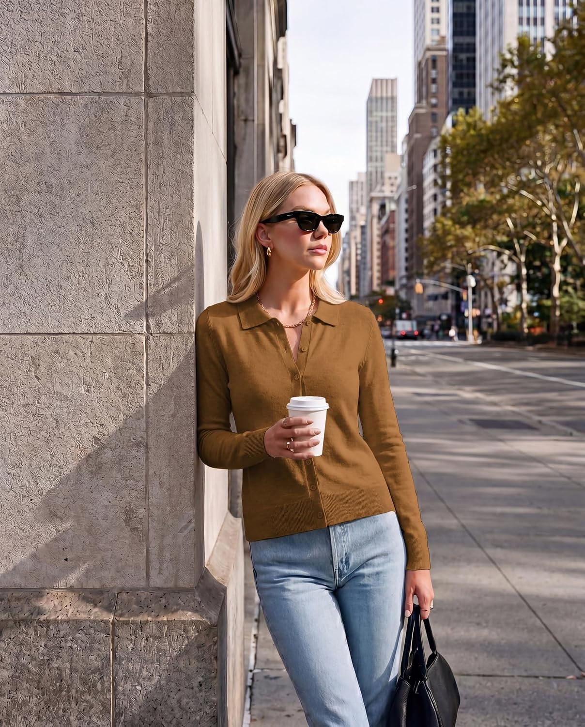 image:imageGRACE KARIN Cardigan Sweaters for Women Lightweight Long Sleeve Cardigans Lapel Collar Button Down Knit TopsFall Outfits For WomenCropped Cardigan For WomenBusiness Casual SweaterCaramel