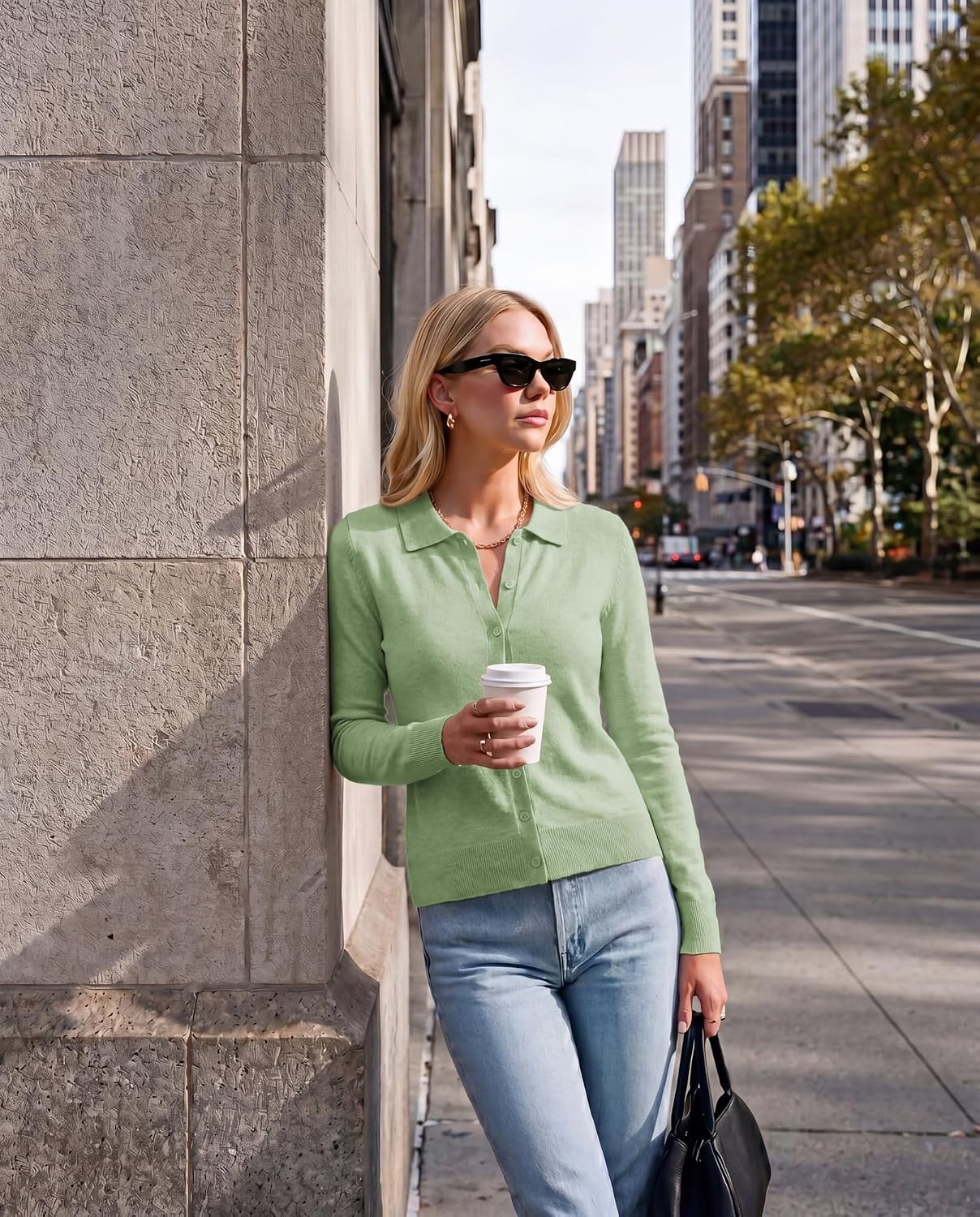 image:imageGRACE KARIN Cardigan Sweaters for Women Lightweight Long Sleeve Cardigans Lapel Collar Button Down Knit TopsFall Outfits For WomenCropped Cardigan For WomenBusiness Casual SweaterClover Green
