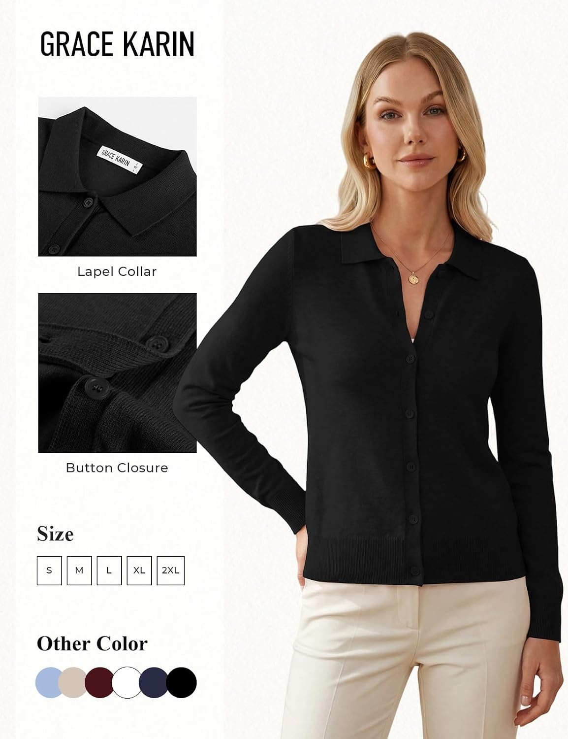 image:imageGRACE KARIN Cardigan Sweaters for Women Lightweight Long Sleeve Cardigans Lapel Collar Button Down Knit TopsFall Outfits For WomenCropped Cardigan For WomenBusiness Casual SweaterBlack