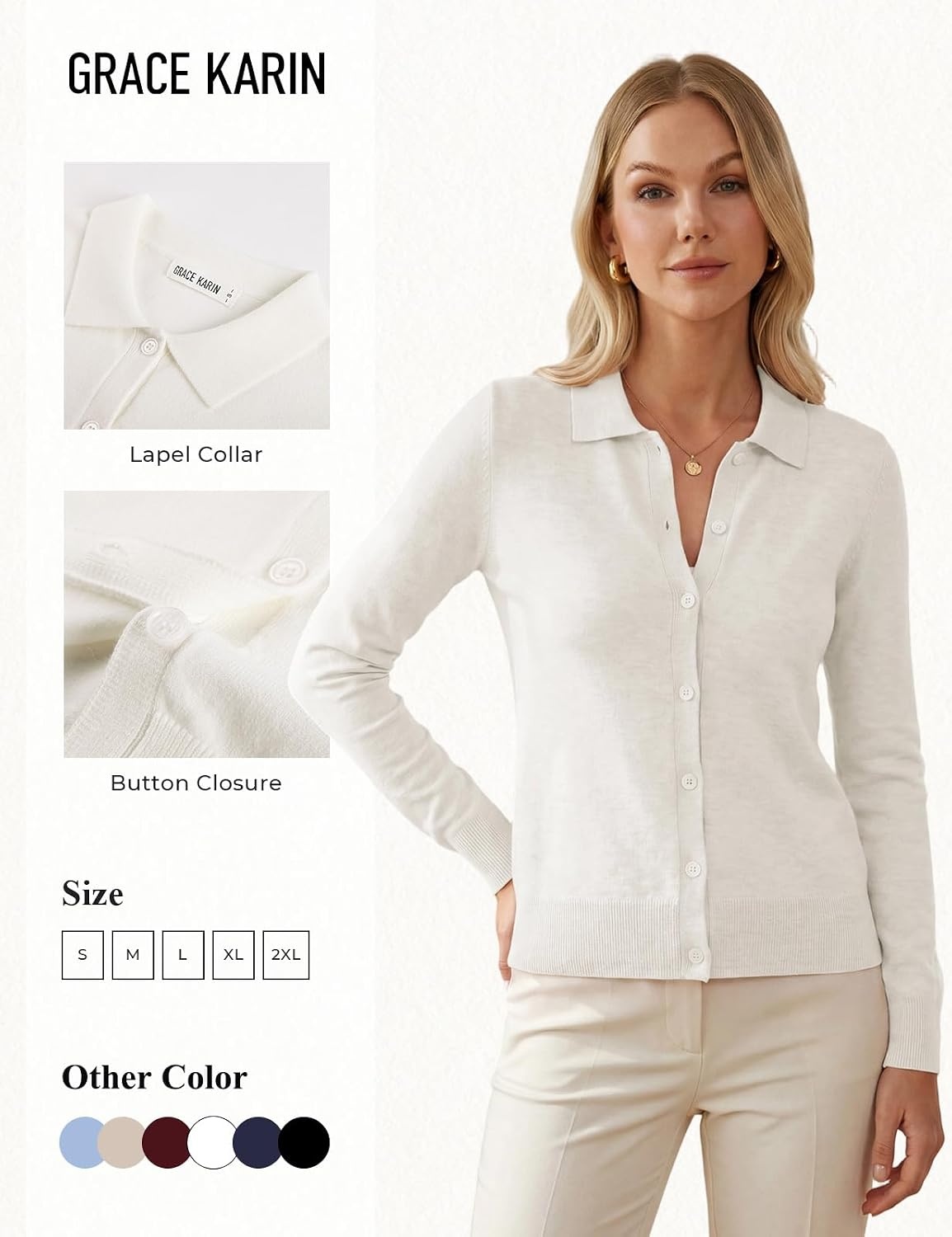 image:imageGRACE KARIN Cardigan Sweaters for Women Lightweight Long Sleeve Cardigans Lapel Collar Button Down Knit TopsFall Outfits For WomenCropped Cardigan For WomenBusiness Casual SweaterCream White