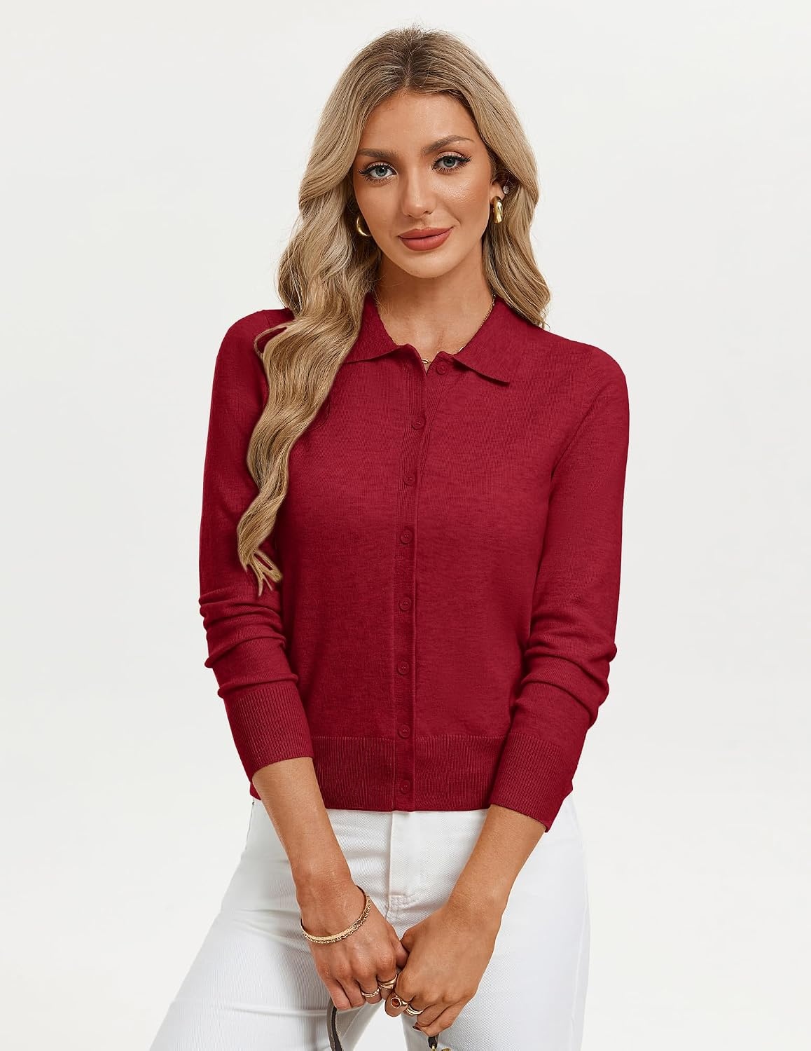 image:imageGRACE KARIN Cardigan Sweaters for Women Lightweight Long Sleeve Cardigans Lapel Collar Button Down Knit TopsFall Outfits For WomenCropped Cardigan For WomenBusiness Casual SweaterRed