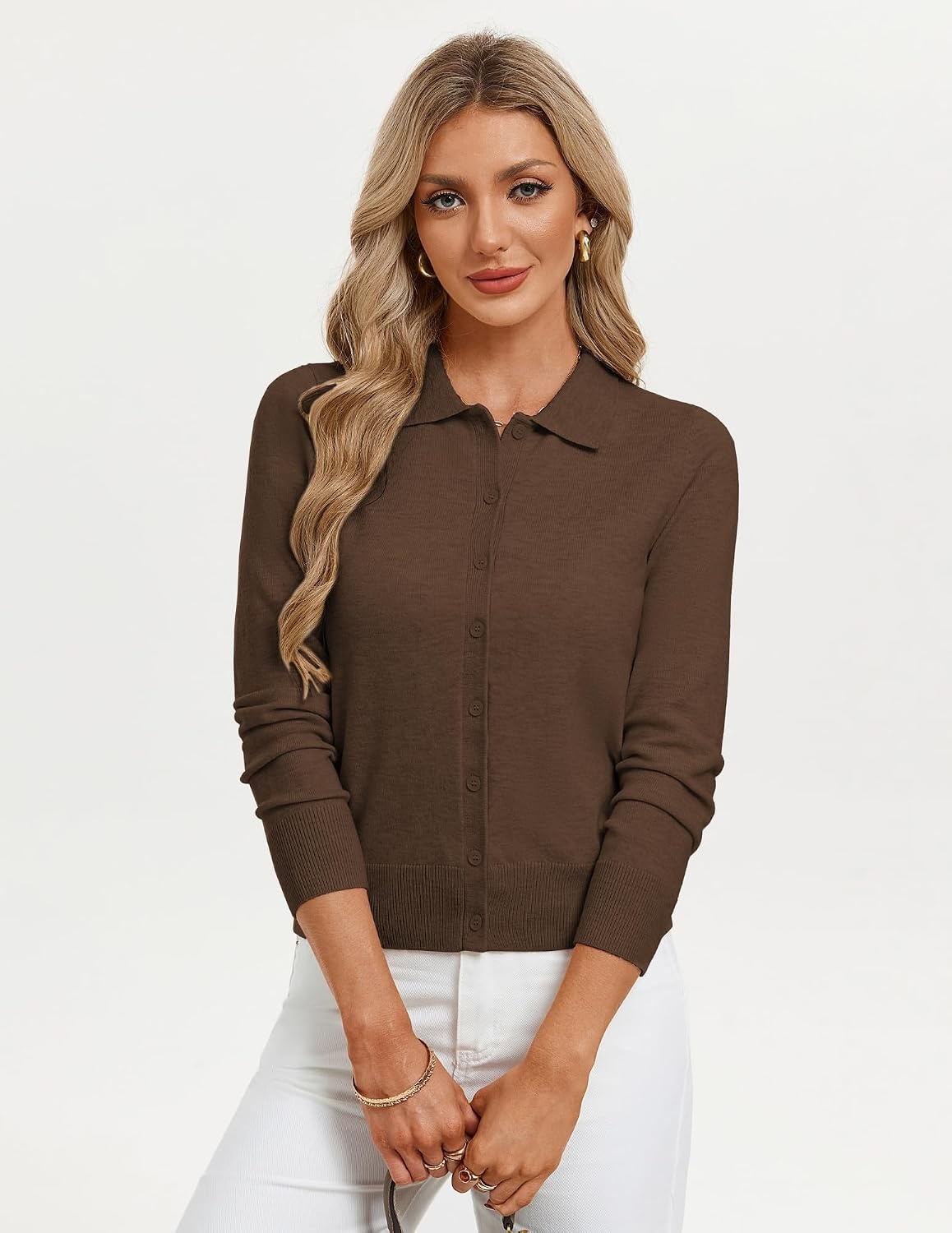 image:imageGRACE KARIN Cardigan Sweaters for Women Lightweight Long Sleeve Cardigans Lapel Collar Button Down Knit TopsFall Outfits For WomenCropped Cardigan For WomenBusiness Casual SweaterChocolate Brown