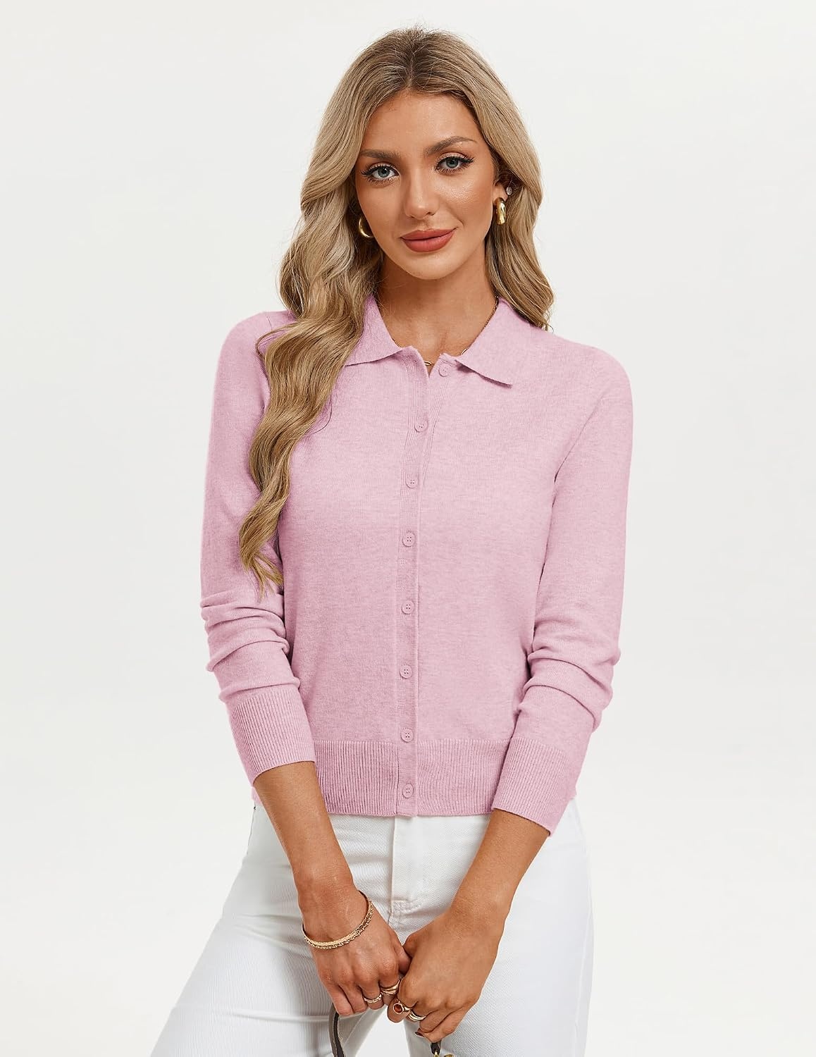 image:imageGRACE KARIN Cardigan Sweaters for Women Lightweight Long Sleeve Cardigans Lapel Collar Button Down Knit TopsFall Outfits For WomenCropped Cardigan For WomenBusiness Casual SweaterLight Pink
