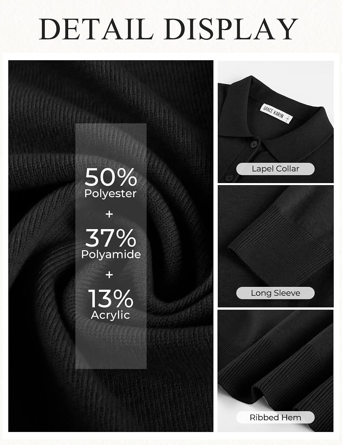 image:imageGRACE KARIN Cardigan Sweaters for Women Lightweight Long Sleeve Cardigans Lapel Collar Button Down Knit TopsFall Outfits For WomenCropped Cardigan For WomenBusiness Casual SweaterBlack