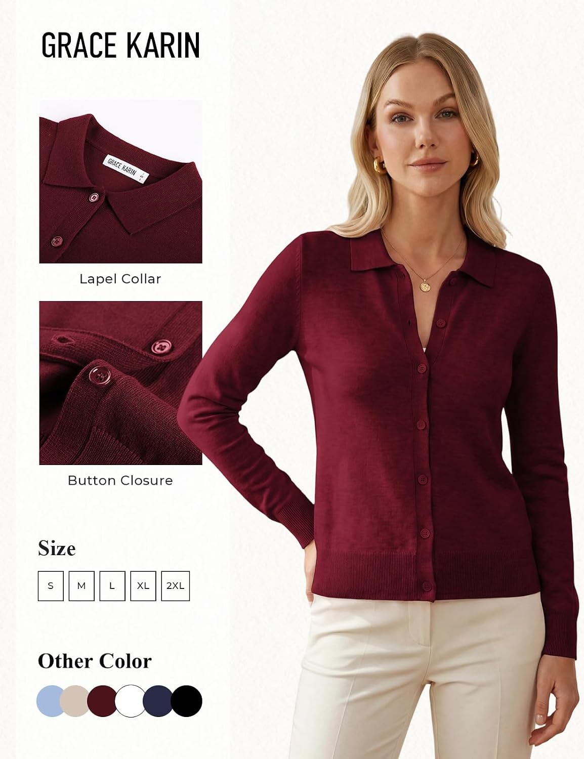 image:imageGRACE KARIN Cardigan Sweaters for Women Lightweight Long Sleeve Cardigans Lapel Collar Button Down Knit TopsFall Outfits For WomenCropped Cardigan For WomenBusiness Casual SweaterBurgundy
