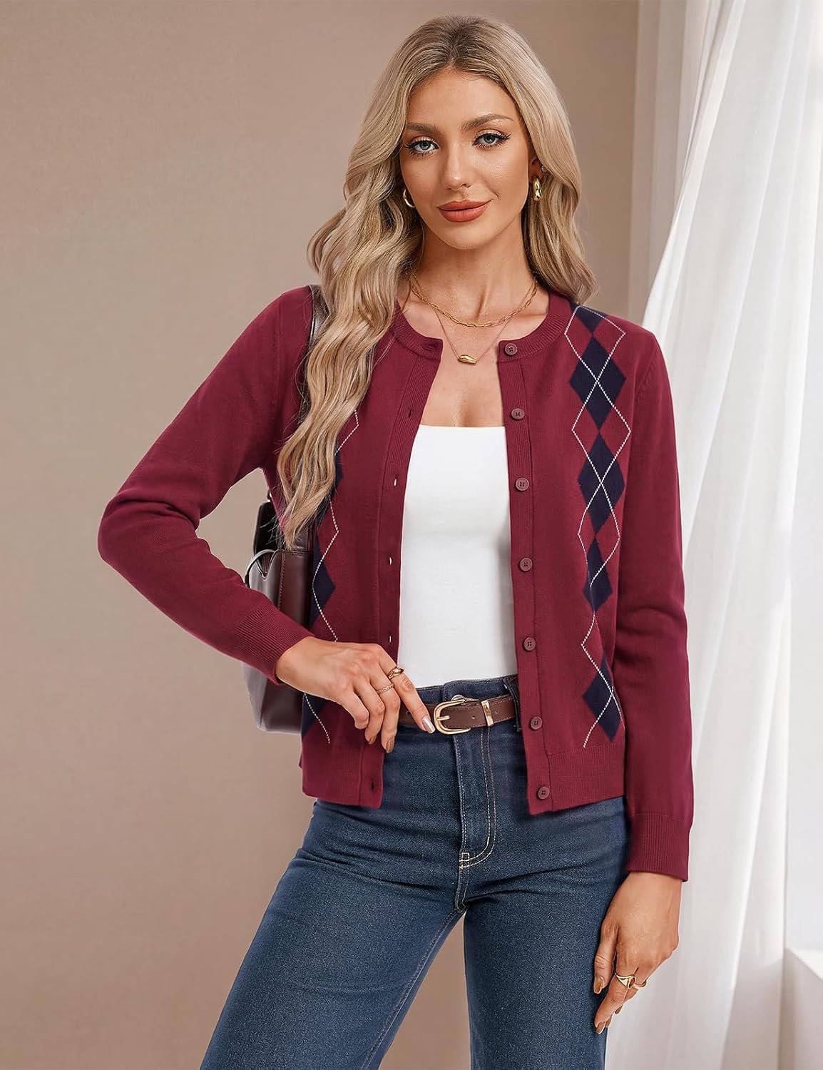 image:imageGRACE KARIN Cardigan for Women Argyle Fall Sweaters Cozy Teacher Outfits Crew Neck Button Up Chunky Cardigan Sweaters Open Front Cute Sweater Long Sleeve Casual Winter Outfits for Work amp OfficeArgyle Red
