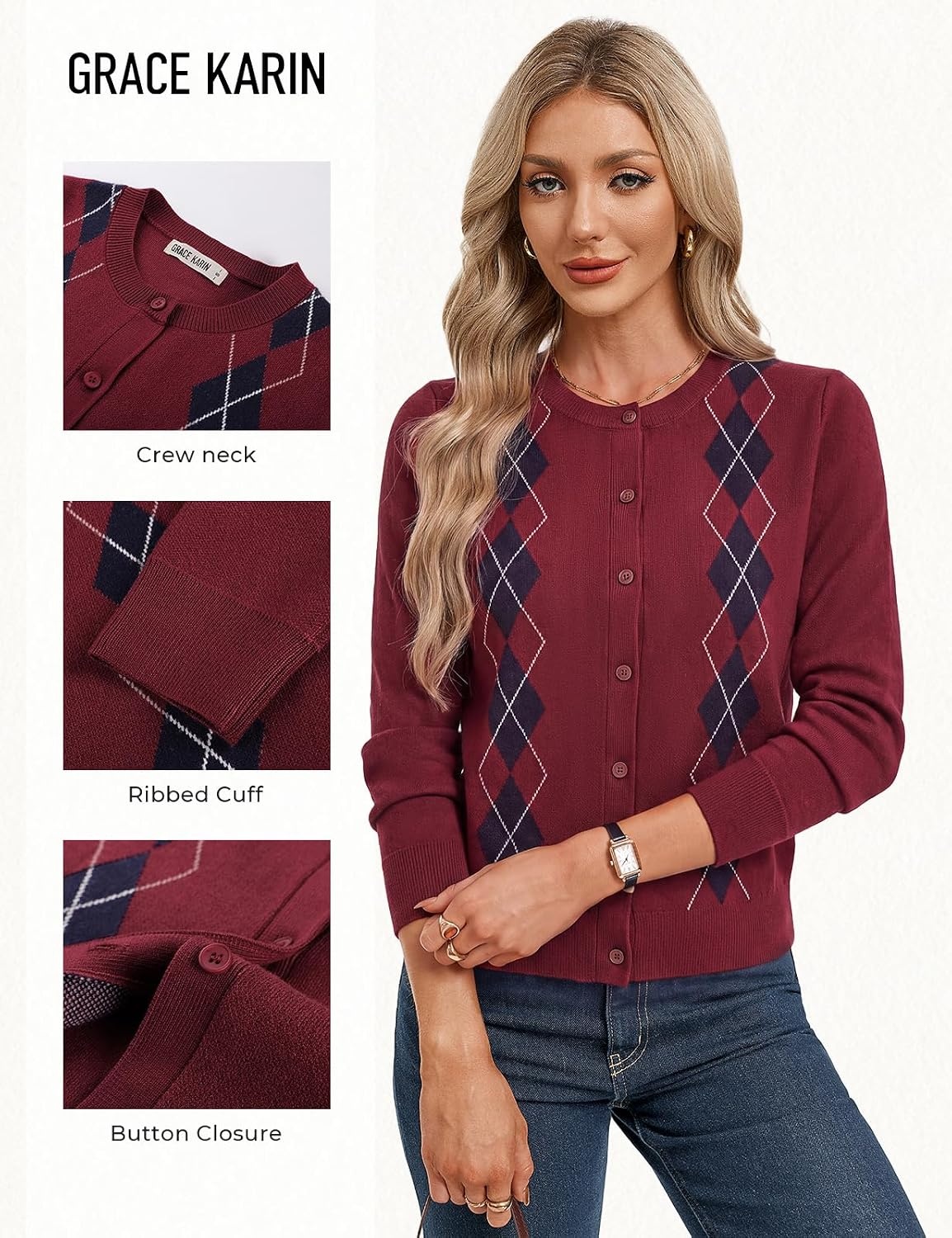 image:imageGRACE KARIN Cardigan for Women Argyle Fall Sweaters Cozy Teacher Outfits Crew Neck Button Up Chunky Cardigan Sweaters Open Front Cute Sweater Long Sleeve Casual Winter Outfits for Work amp OfficeArgyle Red