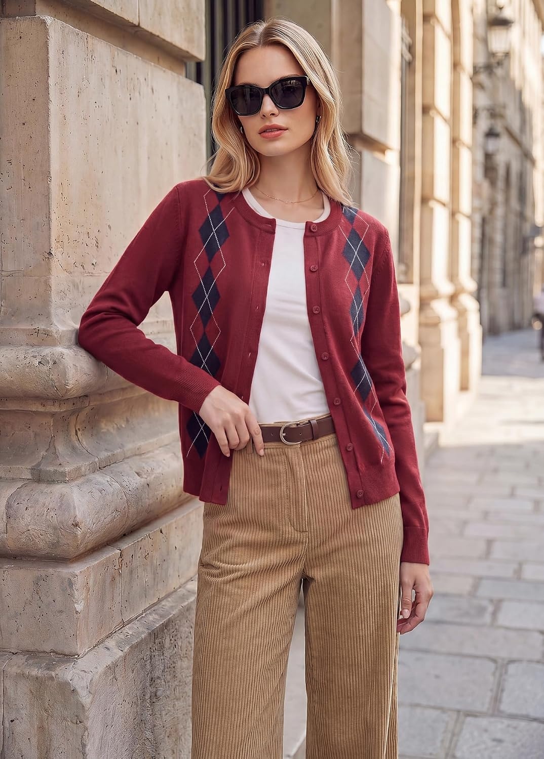image:imageGRACE KARIN Cardigan for Women Argyle Fall Sweaters Cozy Teacher Outfits Crew Neck Button Up Chunky Cardigan Sweaters Open Front Cute Sweater Long Sleeve Casual Winter Outfits for Work amp OfficeArgyle Red