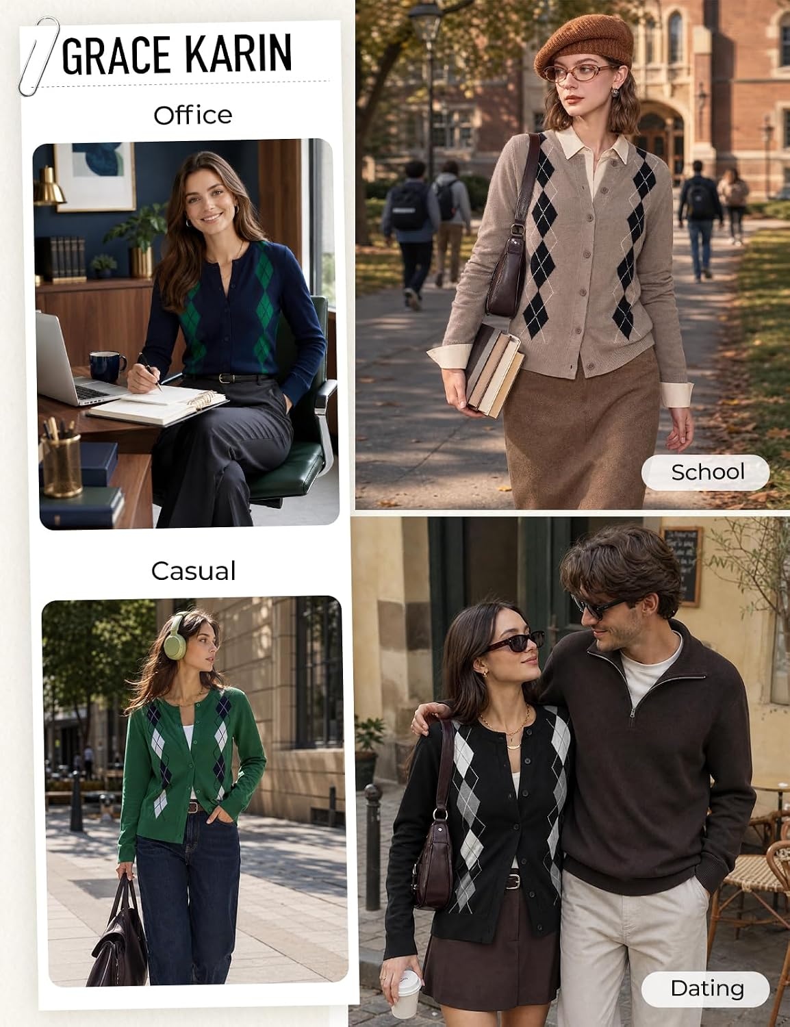 image:imageGRACE KARIN Cardigan for Women Argyle Fall Sweaters Cozy Teacher Outfits Crew Neck Button Up Chunky Cardigan Sweaters Open Front Cute Sweater Long Sleeve Casual Winter Outfits for Work amp OfficeArgyle Khaki