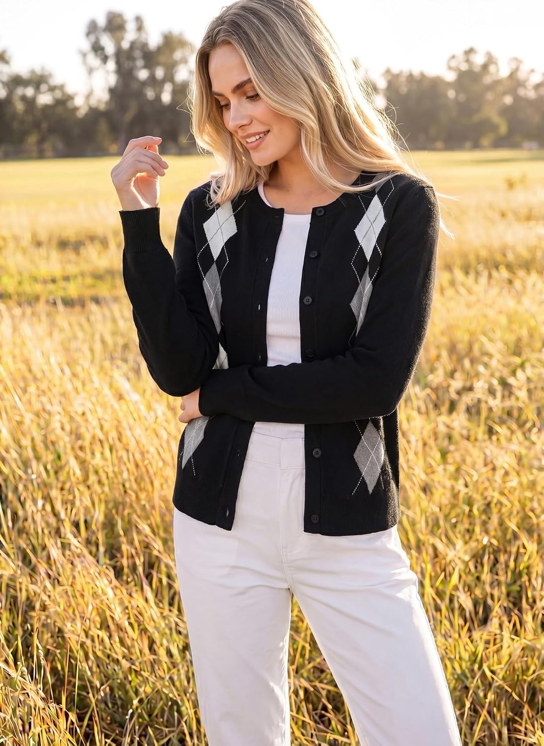 image:imageGRACE KARIN Cardigan for Women Argyle Fall Sweaters Cozy Teacher Outfits Crew Neck Button Up Chunky Cardigan Sweaters Open Front Cute Sweater Long Sleeve Casual Winter Outfits for Work amp OfficeArgyle Black