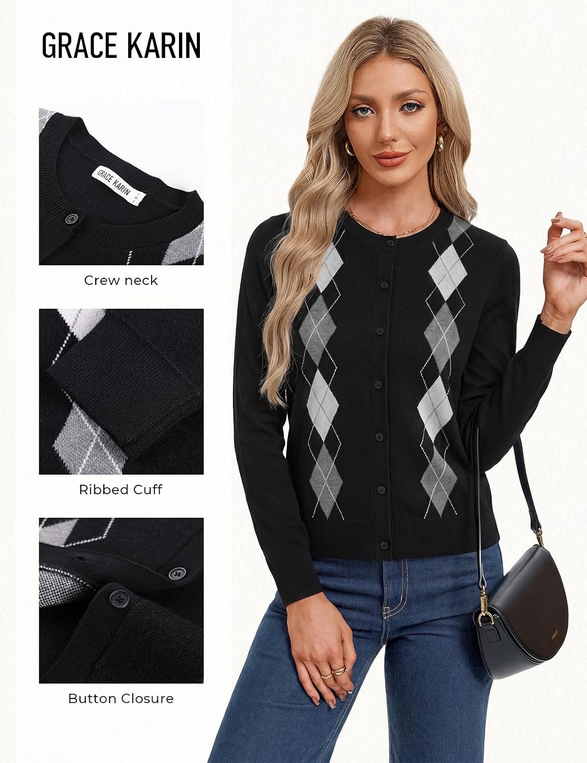image:imageGRACE KARIN Cardigan for Women Argyle Fall Sweaters Cozy Teacher Outfits Crew Neck Button Up Chunky Cardigan Sweaters Open Front Cute Sweater Long Sleeve Casual Winter Outfits for Work amp OfficeArgyle Black