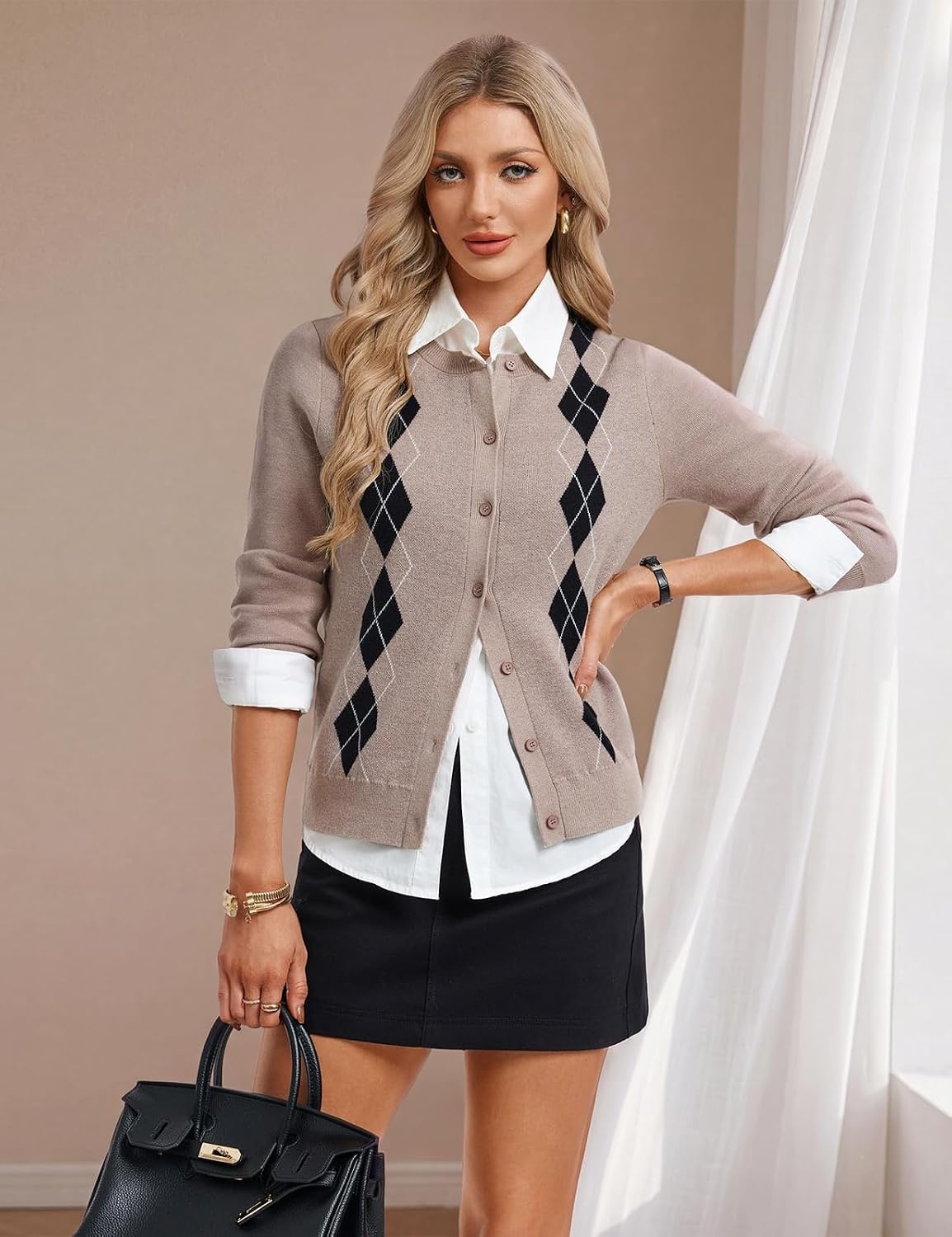 image:imageGRACE KARIN Cardigan for Women Argyle Fall Sweaters Cozy Teacher Outfits Crew Neck Button Up Chunky Cardigan Sweaters Open Front Cute Sweater Long Sleeve Casual Winter Outfits for Work amp OfficeArgyle Khaki