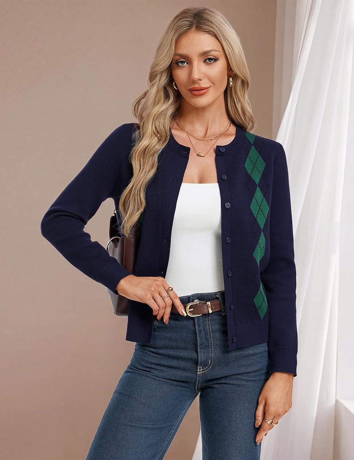 image:imageGRACE KARIN Cardigan for Women Argyle Fall Sweaters Cozy Teacher Outfits Crew Neck Button Up Chunky Cardigan Sweaters Open Front Cute Sweater Long Sleeve Casual Winter Outfits for Work amp OfficeArgyle Navy Blue