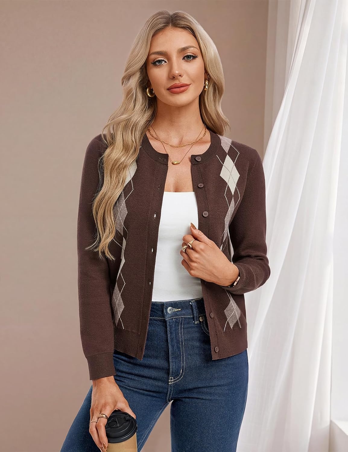 image:imageGRACE KARIN Cardigan for Women Argyle Fall Sweaters Cozy Teacher Outfits Crew Neck Button Up Chunky Cardigan Sweaters Open Front Cute Sweater Long Sleeve Casual Winter Outfits for Work amp OfficeArgyle Brown
