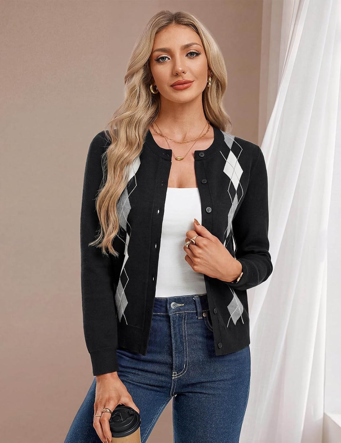 image:imageGRACE KARIN Cardigan for Women Argyle Fall Sweaters Cozy Teacher Outfits Crew Neck Button Up Chunky Cardigan Sweaters Open Front Cute Sweater Long Sleeve Casual Winter Outfits for Work amp OfficeArgyle Black