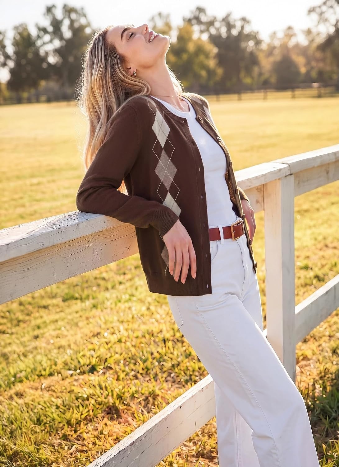 image:imageGRACE KARIN Cardigan for Women Argyle Fall Sweaters Cozy Teacher Outfits Crew Neck Button Up Chunky Cardigan Sweaters Open Front Cute Sweater Long Sleeve Casual Winter Outfits for Work amp OfficeArgyle Brown