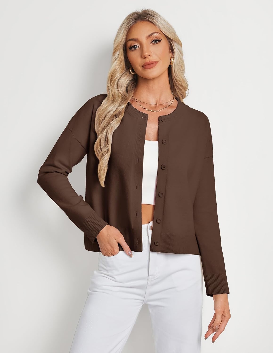 image:imageGRACE KARIN Cropped Cardigan Sweaters for Women Cotton Button up Sweater Oversized Knit Cardigans Trendy 2026Chocolate Brown