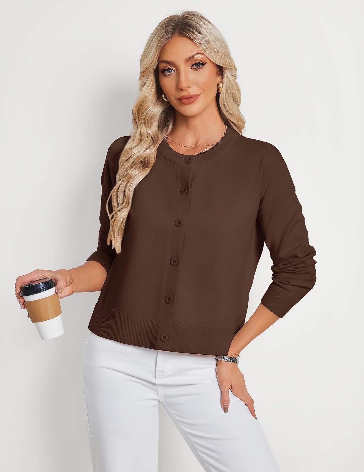 image:imageGRACE KARIN Cropped Cardigan Sweaters for Women Cotton Button up Sweater Oversized Knit Cardigans Trendy 2026Chocolate Brown