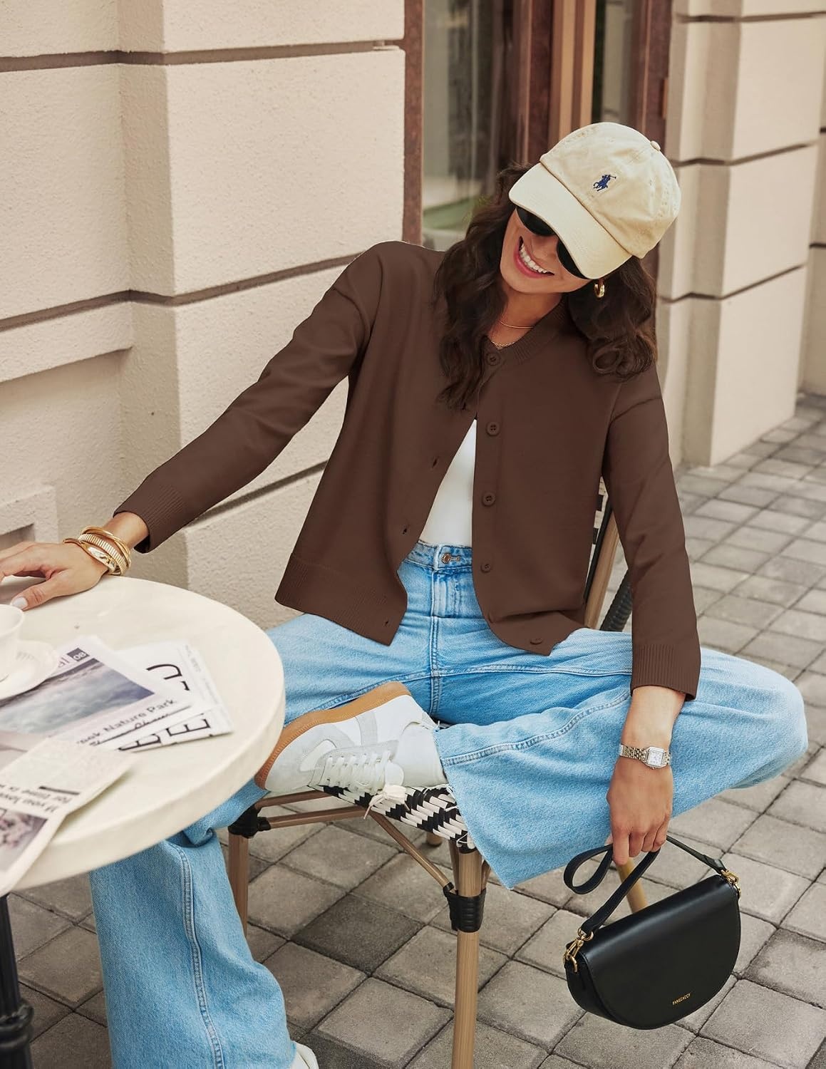 image:imageGRACE KARIN Cropped Cardigan Sweaters for Women Cotton Button up Sweater Oversized Knit Cardigans Trendy 2026Chocolate Brown