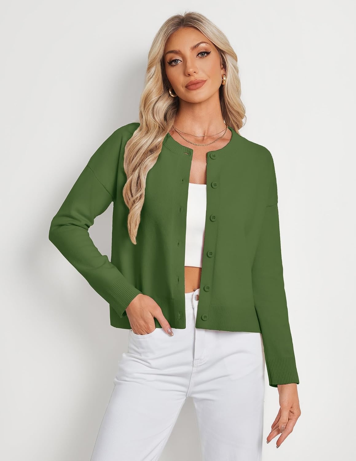 image:imageGRACE KARIN Cropped Cardigan Sweaters for Women Cotton Button up Sweater Oversized Knit Cardigans Trendy 2026Green