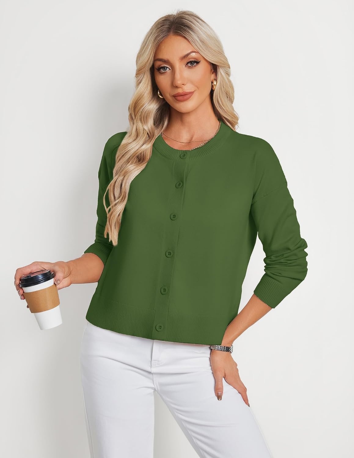 image:imageGRACE KARIN Cropped Cardigan Sweaters for Women Cotton Button up Sweater Oversized Knit Cardigans Trendy 2026Green