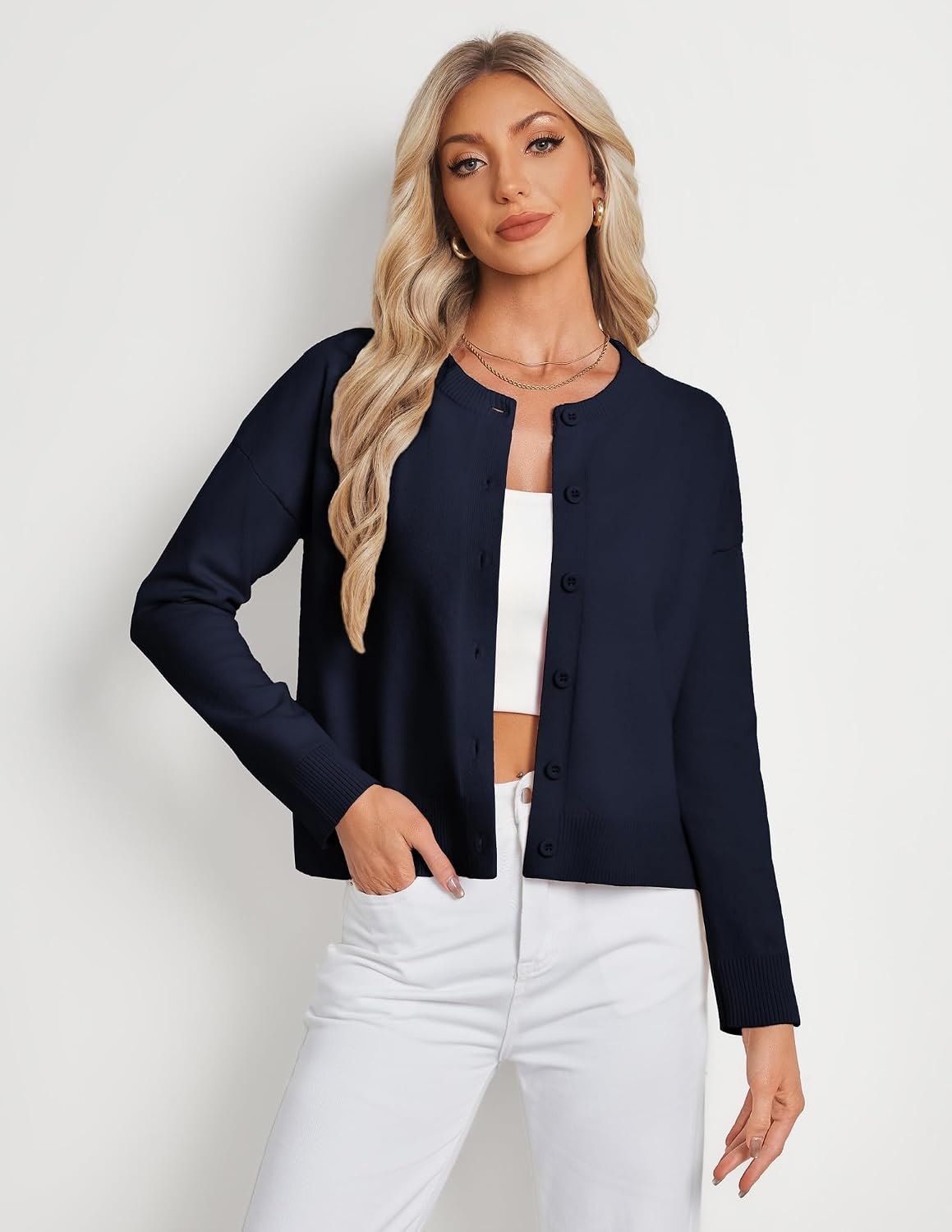 image:imageGRACE KARIN Cropped Cardigan Sweaters for Women Cotton Button up Sweater Oversized Knit Cardigans Trendy 2026Navy Blue