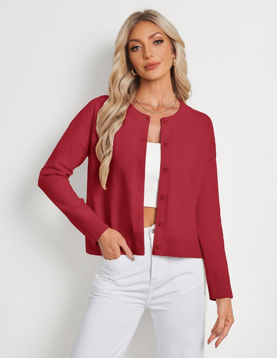 image:imageGRACE KARIN Cropped Cardigan Sweaters for Women Cotton Button up Sweater Oversized Knit Cardigans Trendy 2026Red