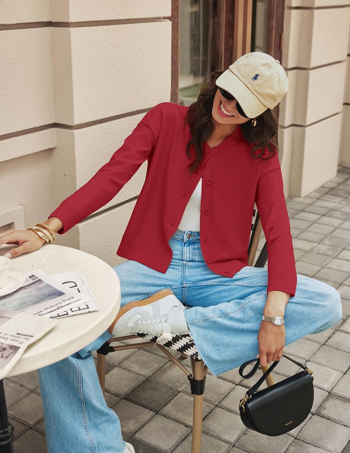 image:imageGRACE KARIN Cropped Cardigan Sweaters for Women Cotton Button up Sweater Oversized Knit Cardigans Trendy 2026Red