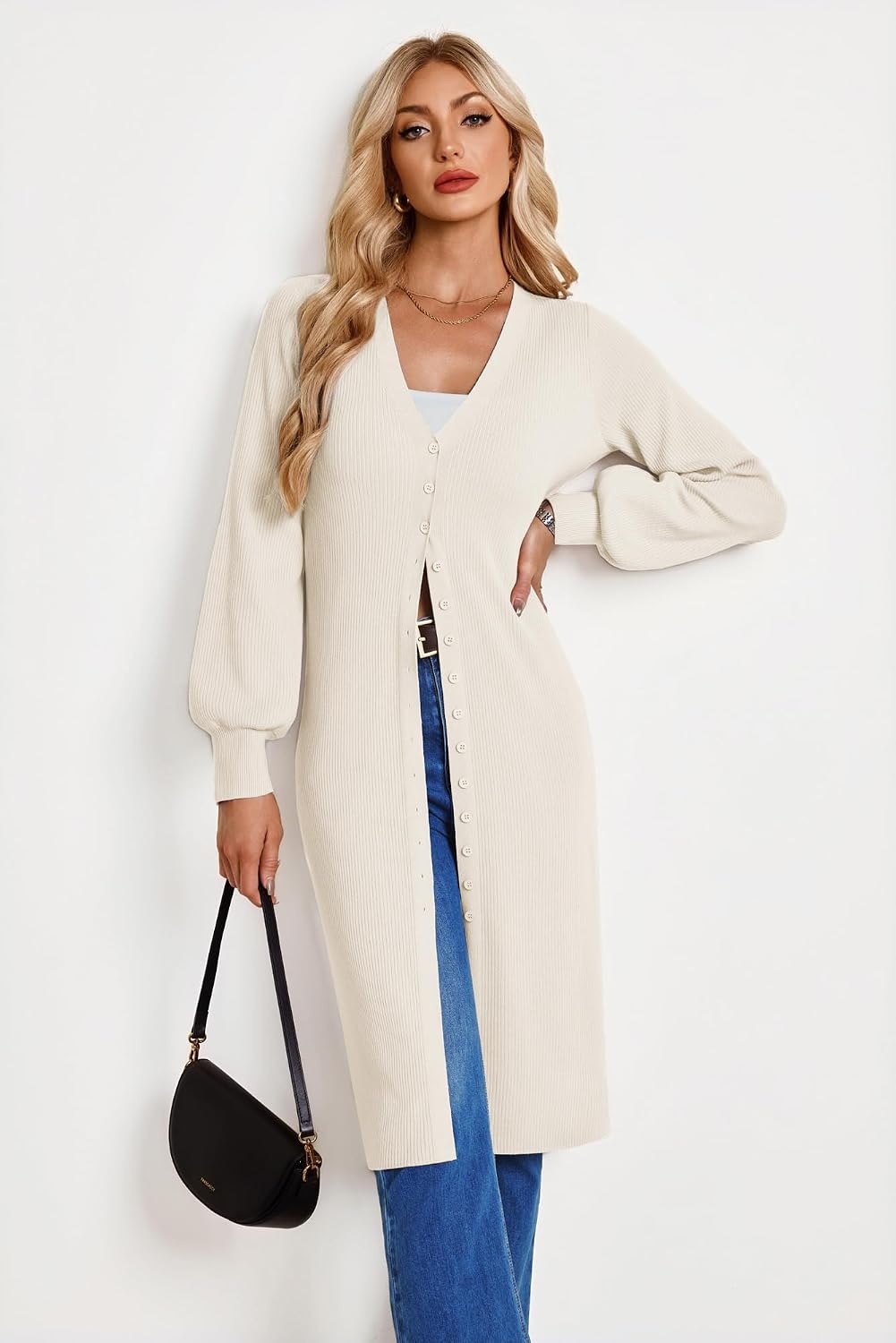 image:imageGRACE KARIN Long Cardigans for Women Duster Sweater Coat Fall Outfits 2026 Lightweight Knit Button Down Dusters for WomenDressy V NeckLantern Long SleeveRibbed Knit CoatiganMaxi Sweater DressIvory