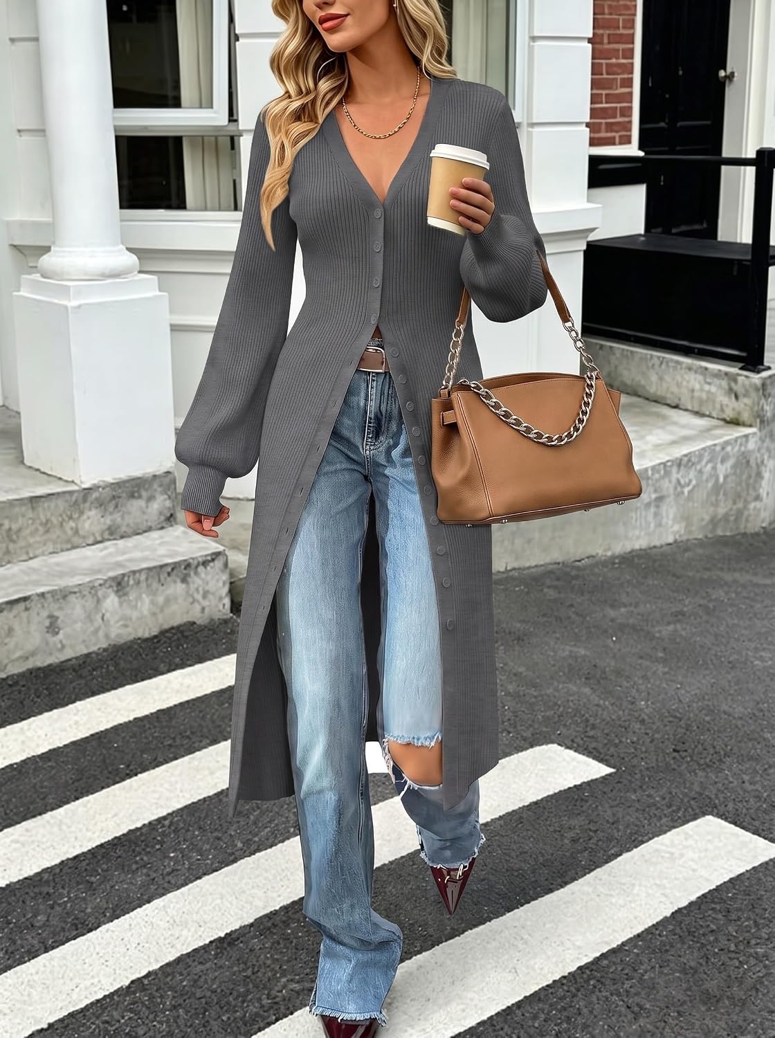 image:imageGRACE KARIN Long Cardigans for Women Duster Sweater Coat Fall Outfits 2026 Lightweight Knit Button Down Dusters for WomenDressy V NeckLantern Long SleeveRibbed Knit CoatiganMaxi Sweater DressDark Gray