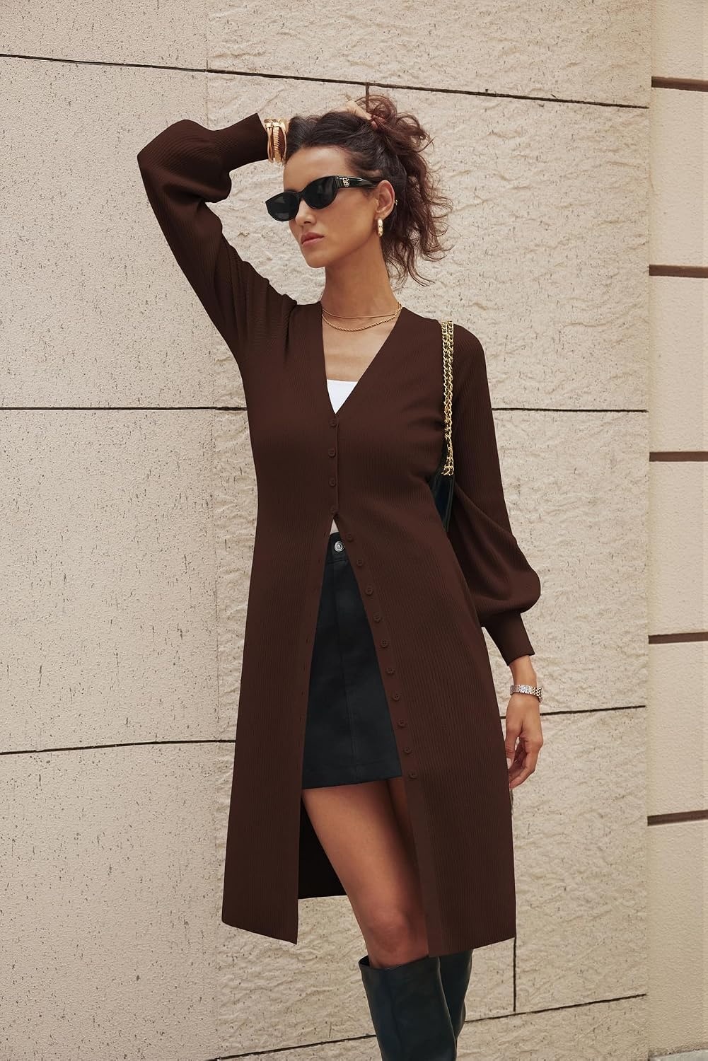 image:imageGRACE KARIN Long Cardigans for Women Duster Sweater Coat Fall Outfits 2026 Lightweight Knit Button Down Dusters for WomenDressy V NeckLantern Long SleeveRibbed Knit CoatiganMaxi Sweater DressChocolate Brown