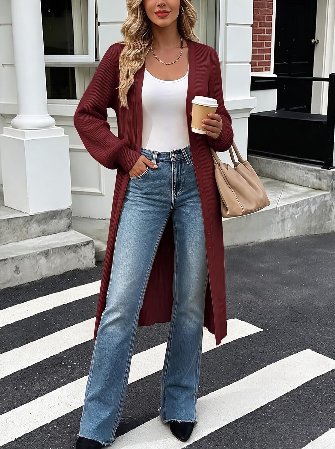 image:imageGRACE KARIN Long Cardigans for Women Duster Sweater Coat Fall Outfits 2026 Lightweight Knit Button Down Dusters for WomenDressy V NeckLantern Long SleeveRibbed Knit CoatiganMaxi Sweater DressWine Red