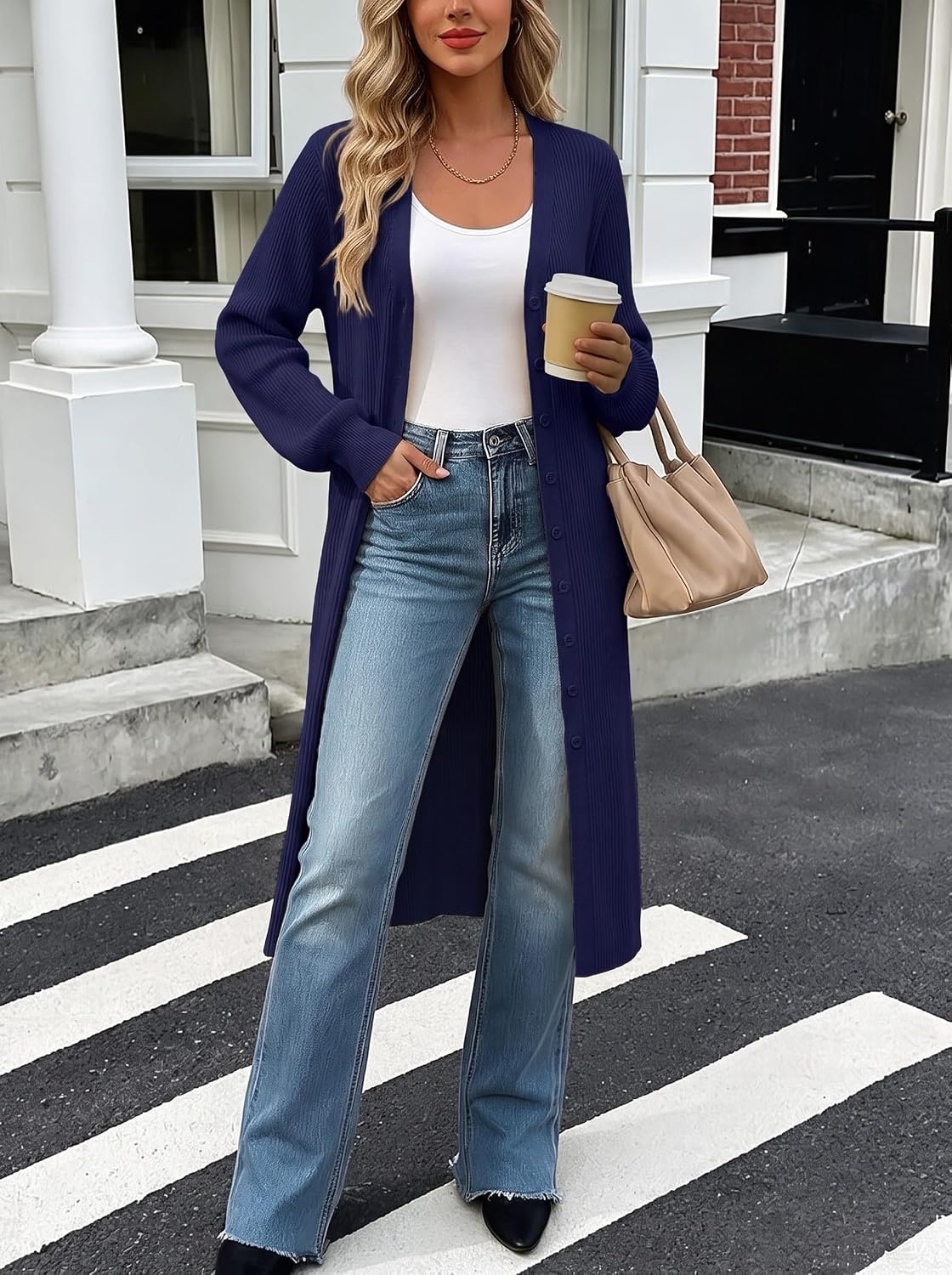 image:imageGRACE KARIN Long Cardigans for Women Duster Sweater Coat Fall Outfits 2026 Lightweight Knit Button Down Dusters for WomenDressy V NeckLantern Long SleeveRibbed Knit CoatiganMaxi Sweater DressNavy Blue